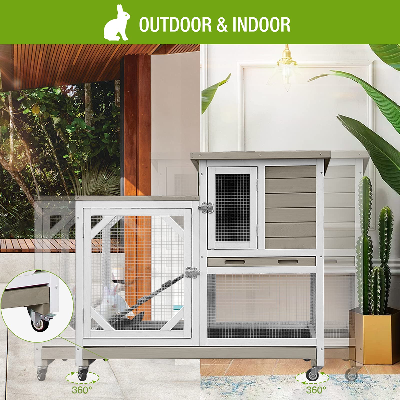 Gutinneen Indoor Outdoor Rabbit Hutch, Bunny Cage On Wheels With 2 Deep No Leakage Pull Out Trays (Without Bottom Wire Mesh)