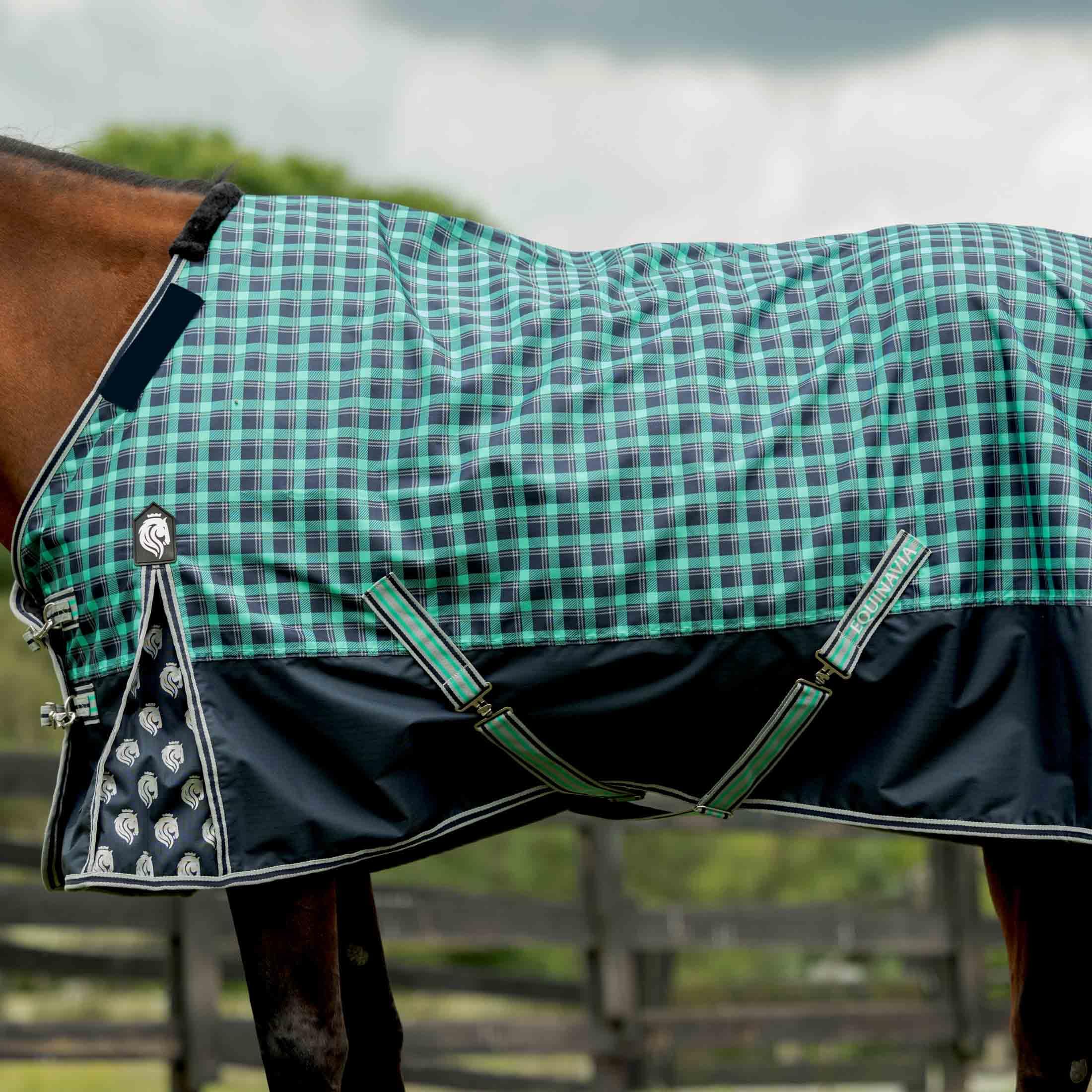 Equinavia Norse No Fill Horse Rain Blanket (0G) | Waterproof Lightweight Turnout Sheet - Black - 66 In - Navy/Turquoise - 66 In