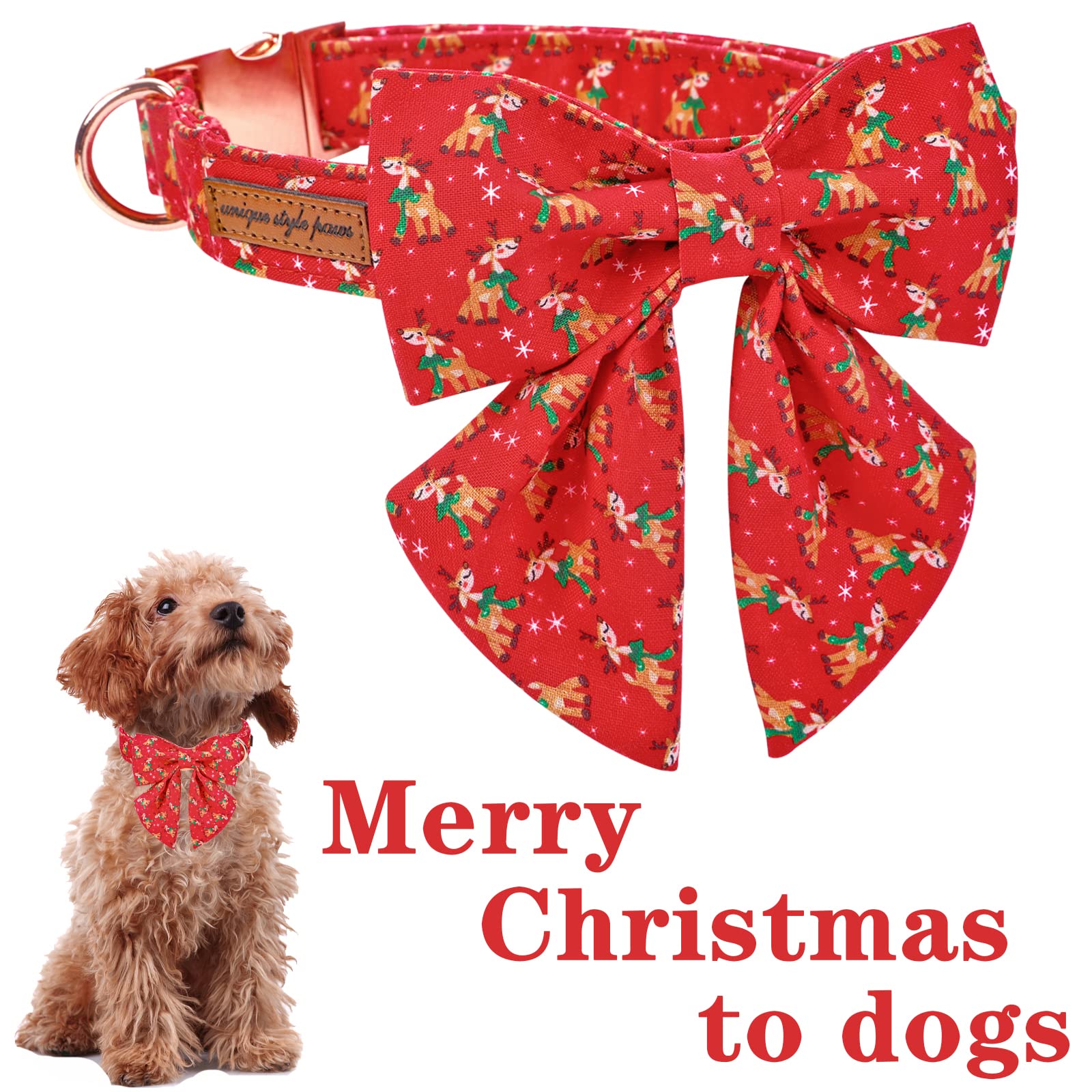 Unique Style Paws Christmas Dog Collar With Tie Red Elk Pure Cotton Collar Adjustable Puppy Collar For Small Medium Large Dogs-Xs