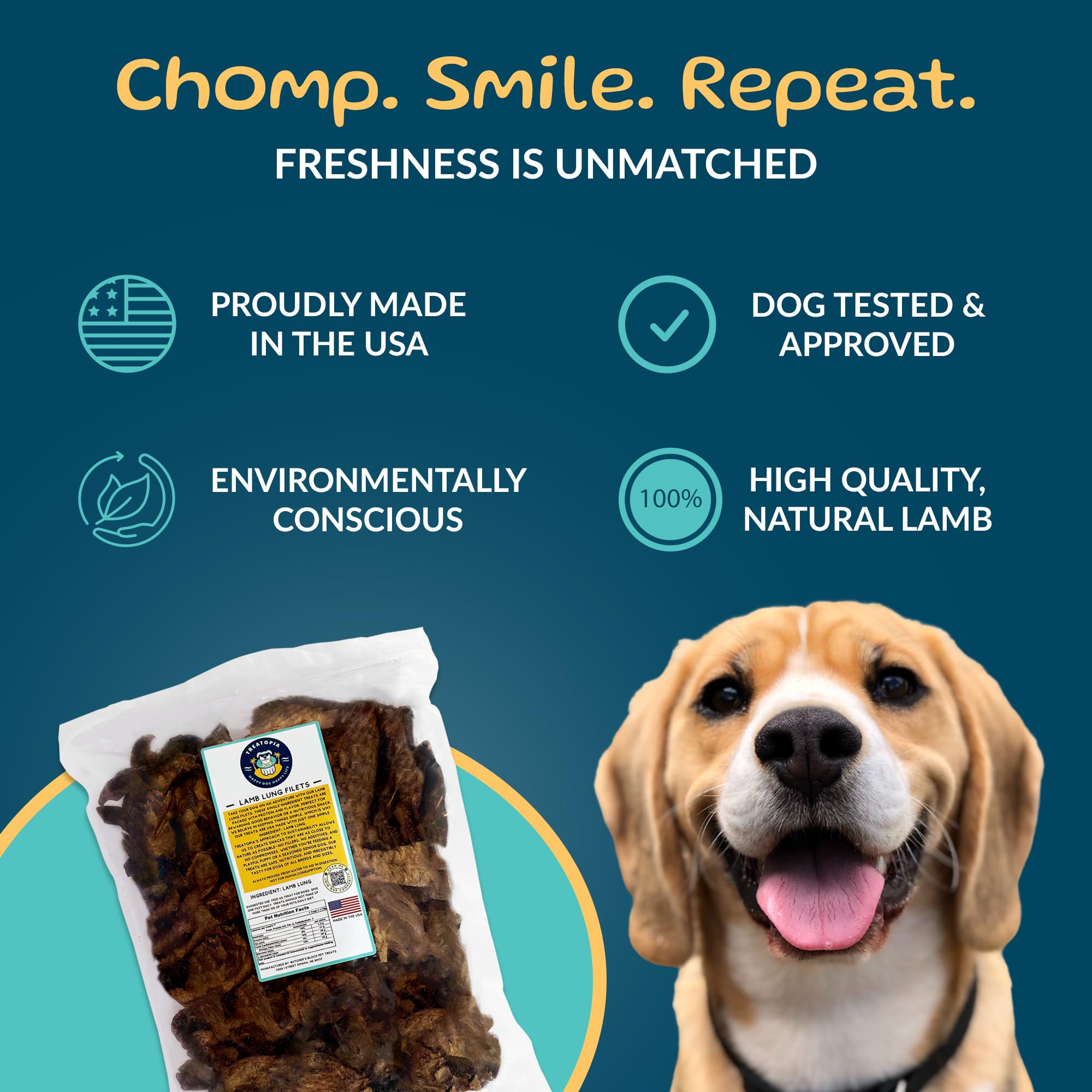 TREATOPIA Lamb Lung Filet Dog Treats, 2 LB Bag - All-Natural, Sustainable, Healthy, High Protein, Hand-Trimmed, Slow-Roasted, Ma
