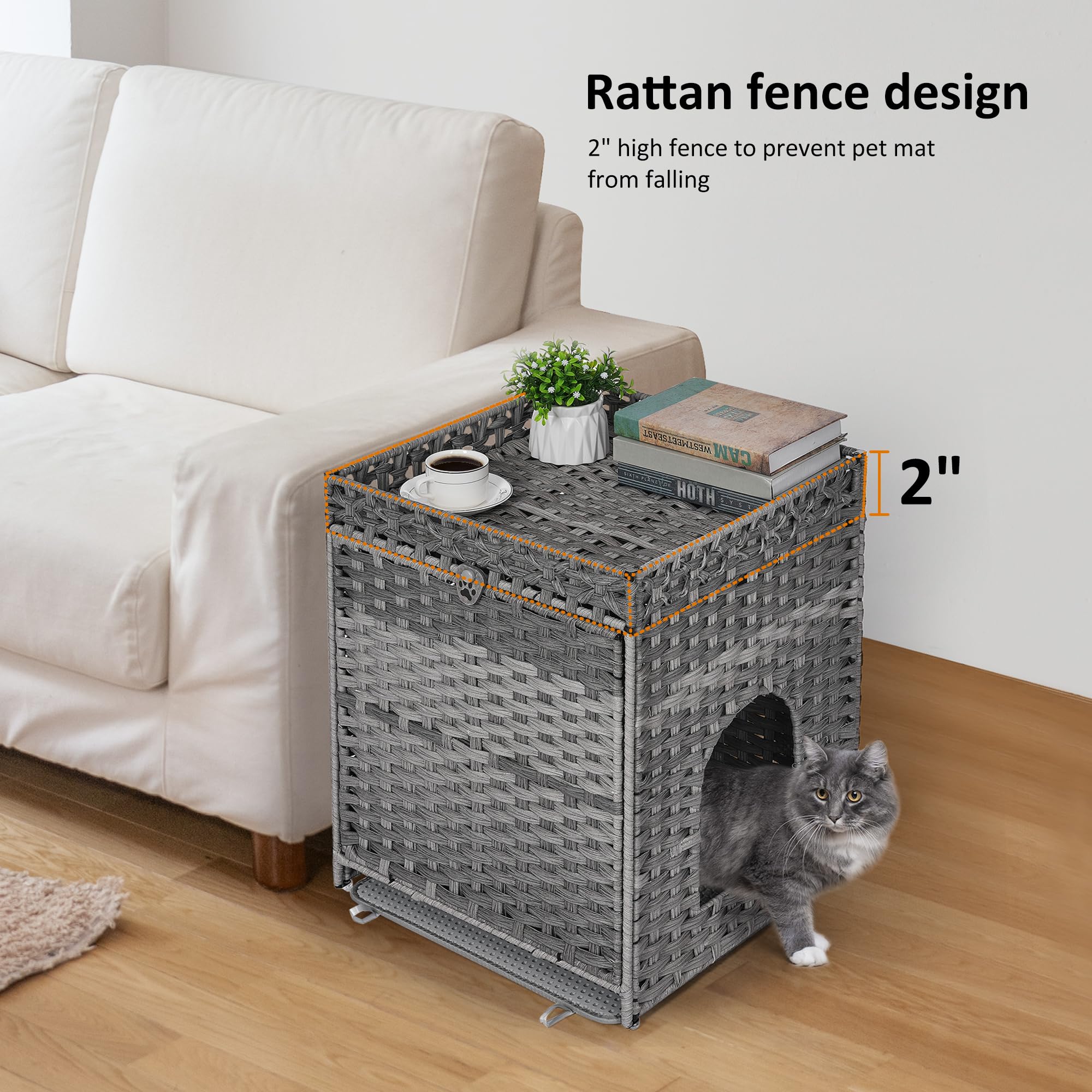 Cat Litter Box Enclosure With Soft Litter Mat; Hidden Kitten Washroom Furniture With Door; Handwoven Rattan Cat House; Pet Crate