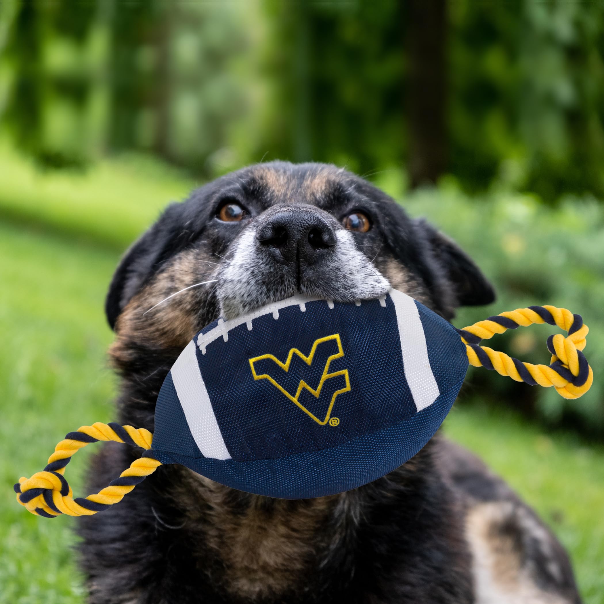 Pets First NCAA West Virginia Mountaineers Nylon Football Dog Toy, Tough Quality Nylon Materials, Strong Pull Ropes, Inner Squea