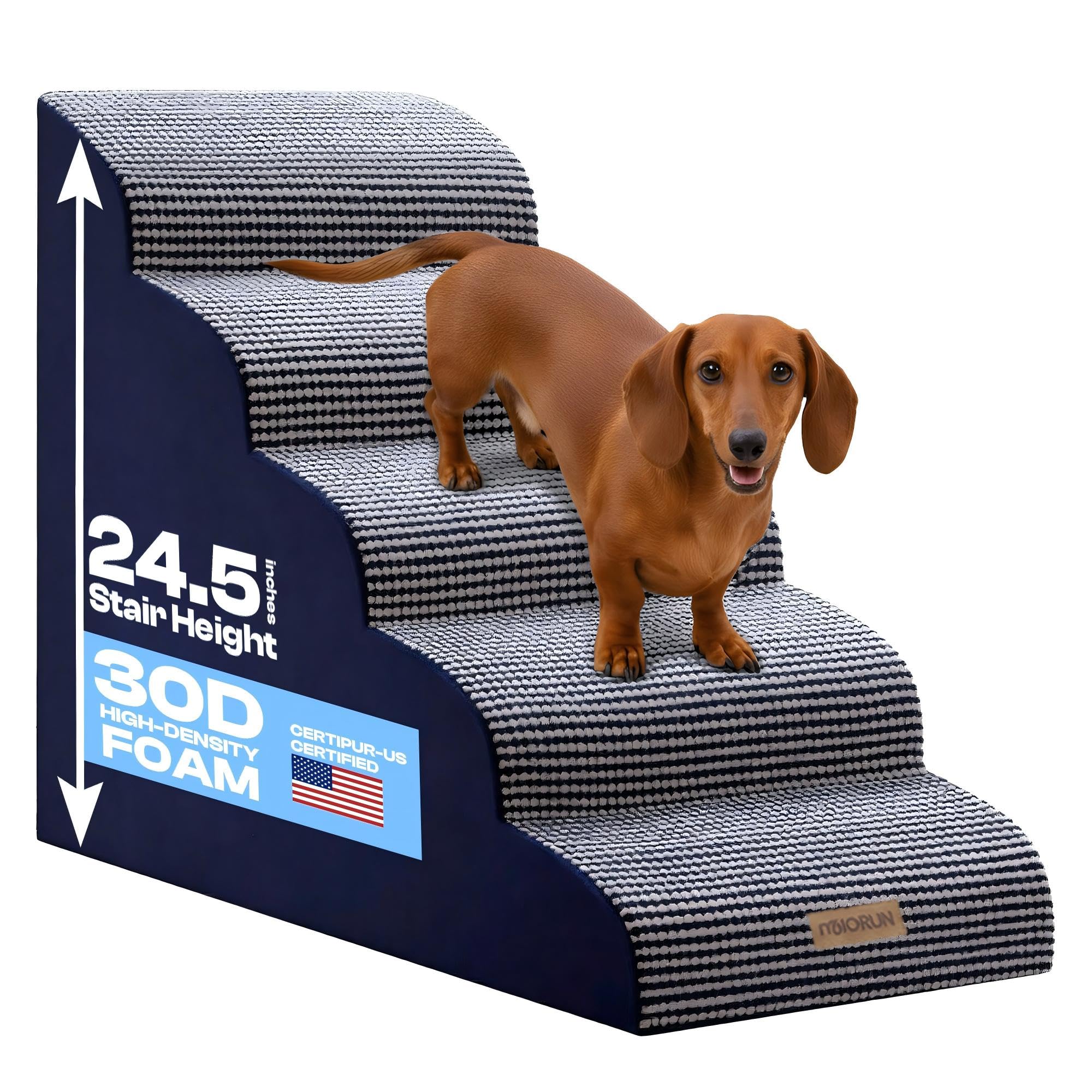 Curved Dog Stairs for High Bed Up to 26, 5-Step Dog Ramp for Small Dogs with Washable Cover, Non-Slip Steps for Cats to Get on C
