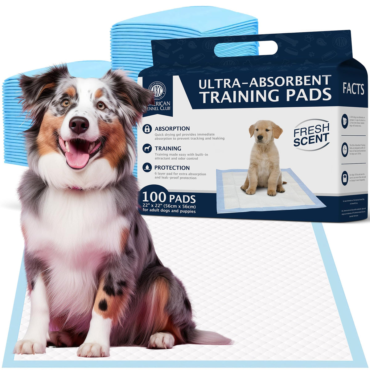 American Kennel Club Scented Puppy Training Pads With Ultra Absorbent Quick Dry Gel – 22 X 22 Pee Pads For Dogs - Fresh Scented - Pack Of 100