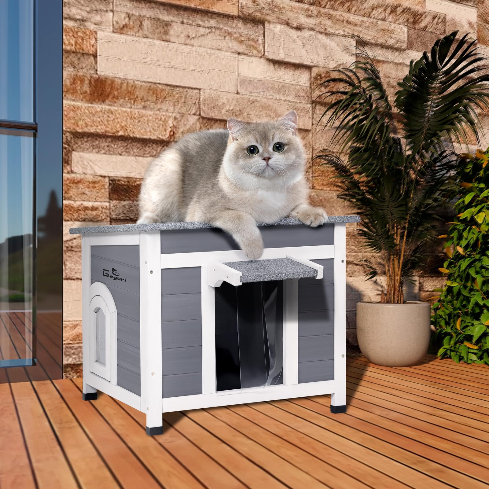 Geguri Insulated Cat House Outdoor Weatherproof, Feral Cat Shelter For Winter, Large Wooden Enclosure