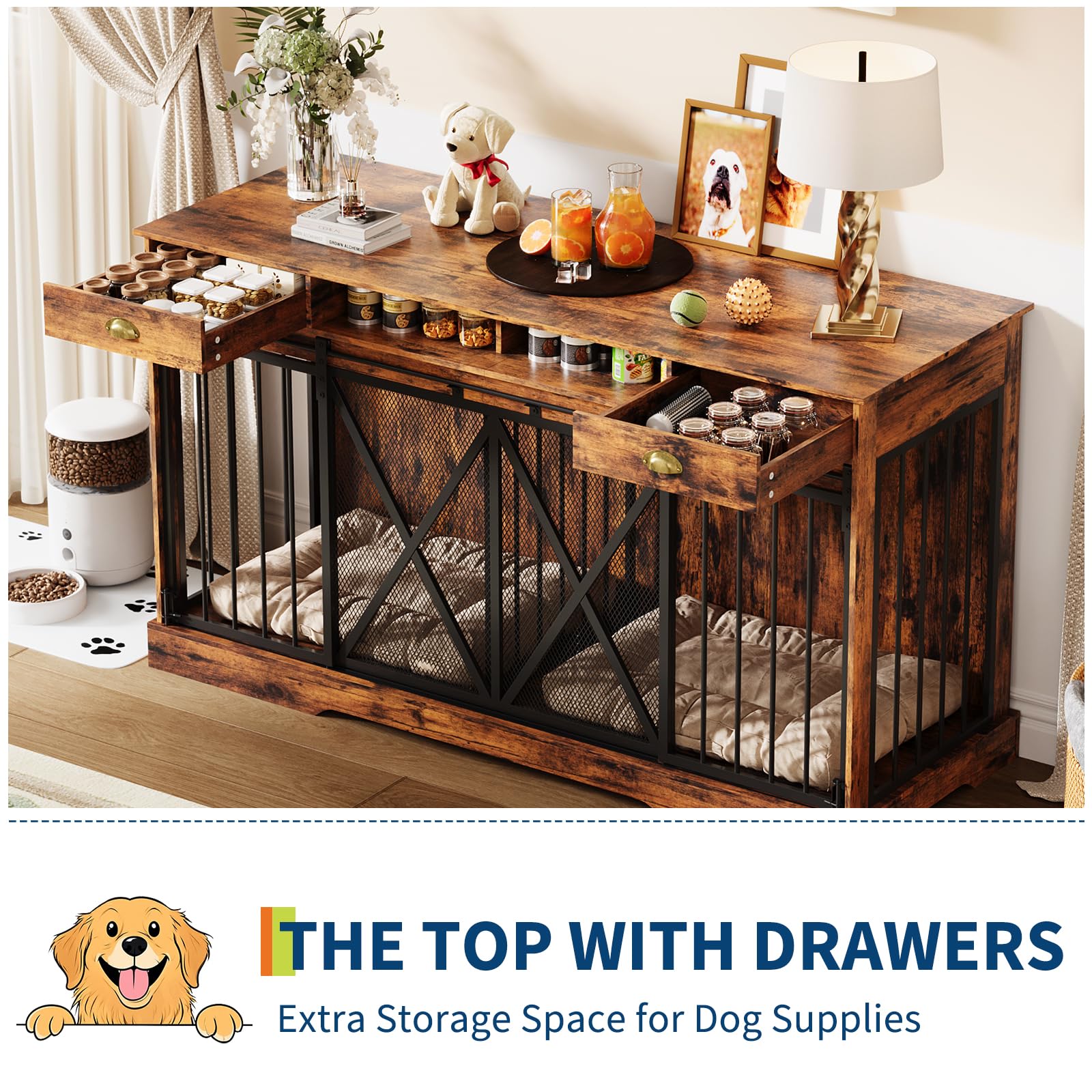 GarveeLife 63 in Extra Large Double Dog Crate with Removable Divider, Heavy Duty Dog Kennel Furniture with 2 Drawers, Indoor Dec