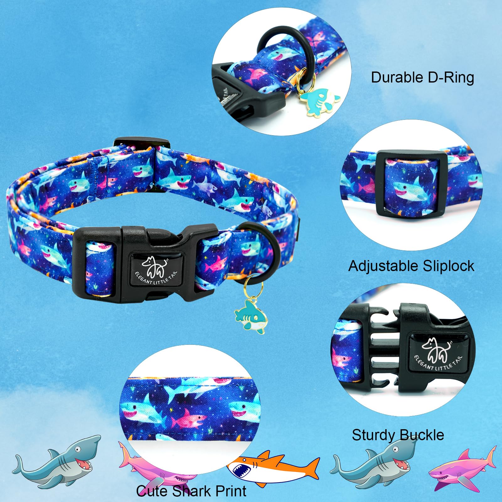Elegant Little Tail Dog Collar- Cute Dog Pet Collars Blue Shark Print Puppy Adjustable Soft Cotton Boy Dog Collars For Small Med