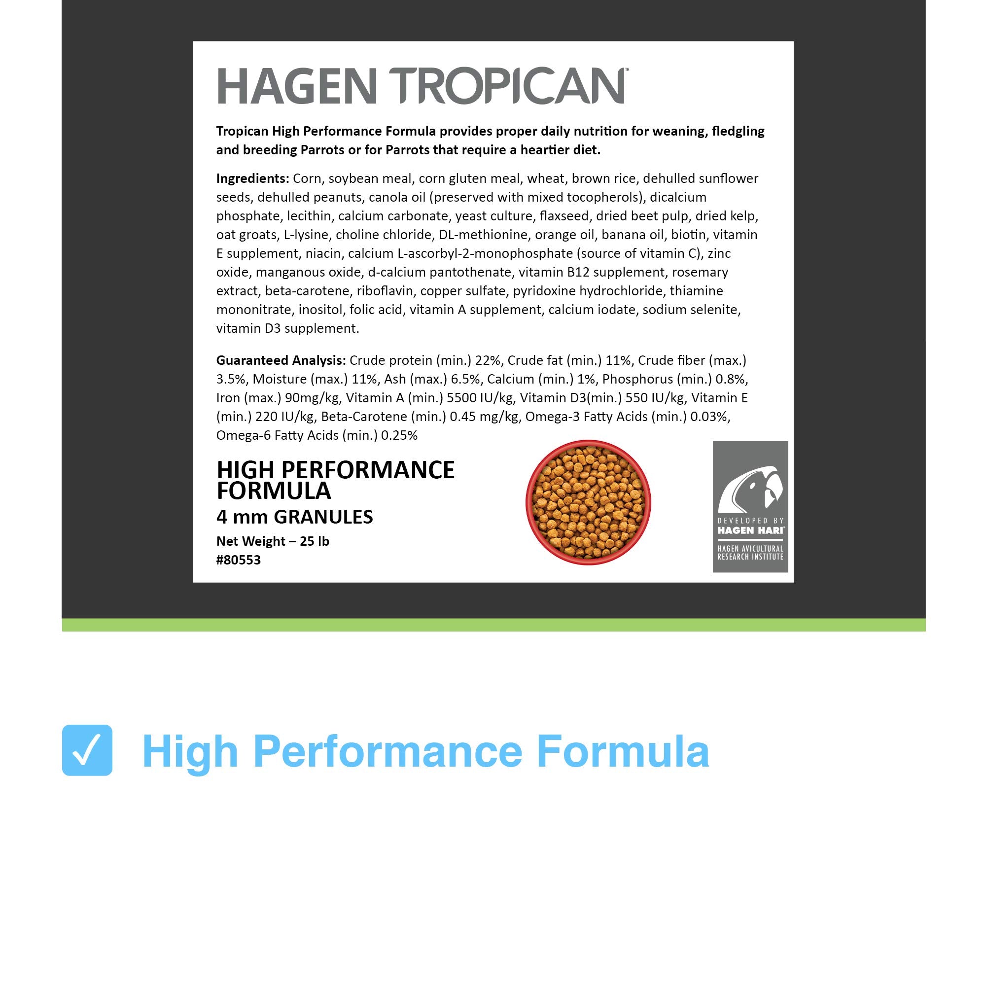 Hari Tropican Bird Food, Hagen Parrot Food with Peanuts & Sunflower Seeds, Parrot Granules, High Performance 4 mm, 25 lb Bag