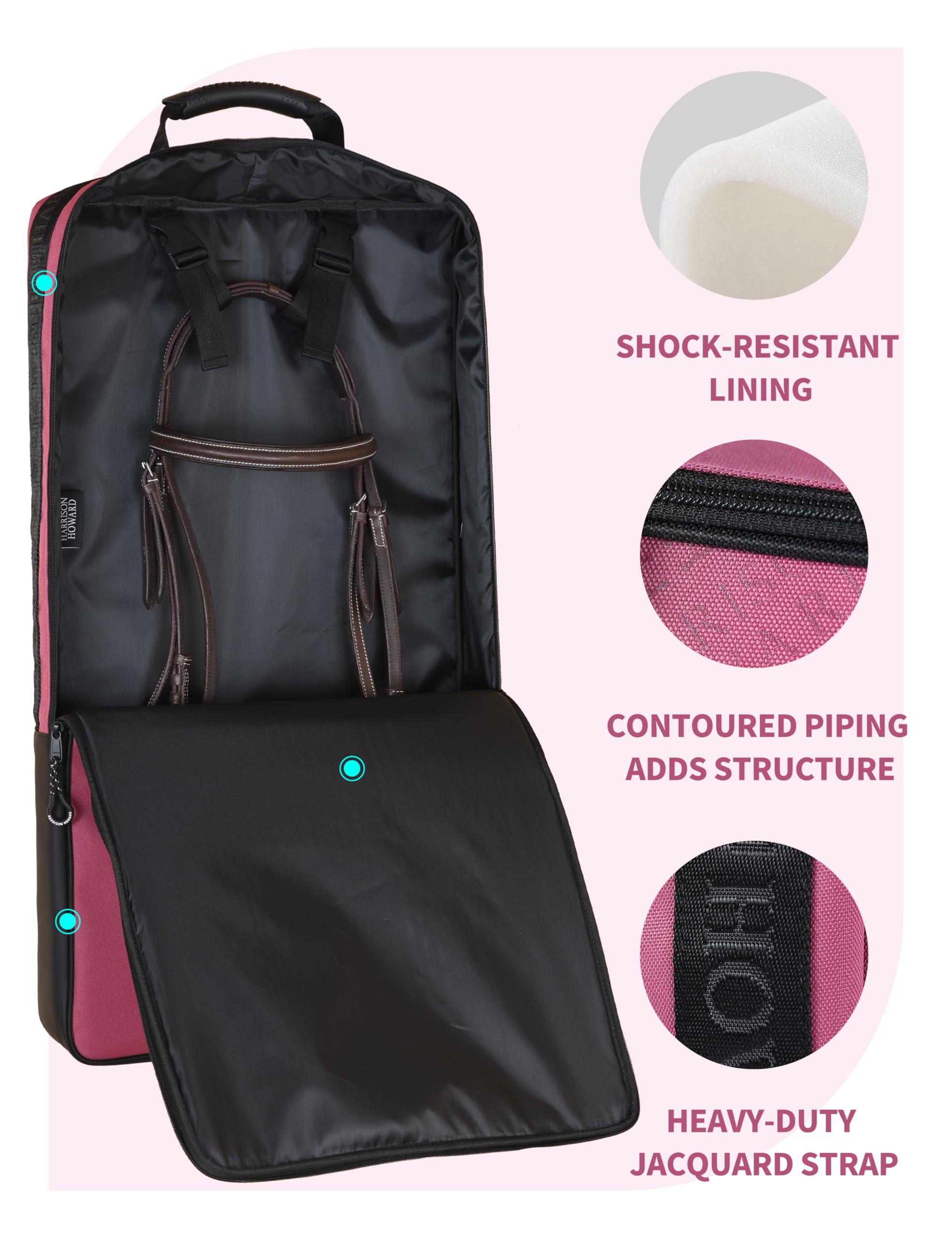 Harrison Howard Waterproof Bridle Bag Halter Bag for Horses with 3 Prong Tack Rack Sturdy Fabric Horse Tack Carry Bag Pink