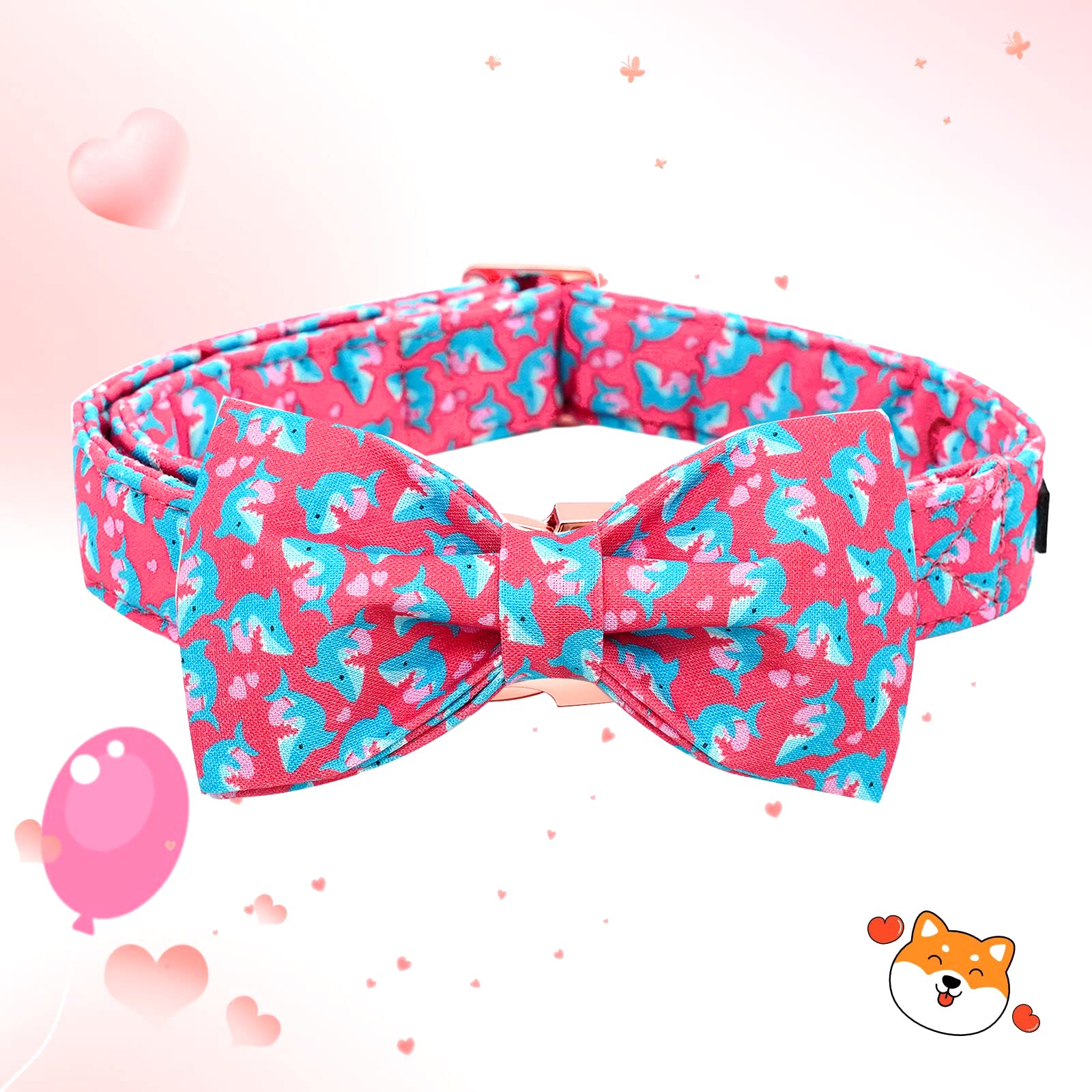 Elegant Little Tail Mother'S Day Heart Dog Collar With Bow, Cute Pink Small Dog Collar, Adjustable, Durable Cotton Construction,