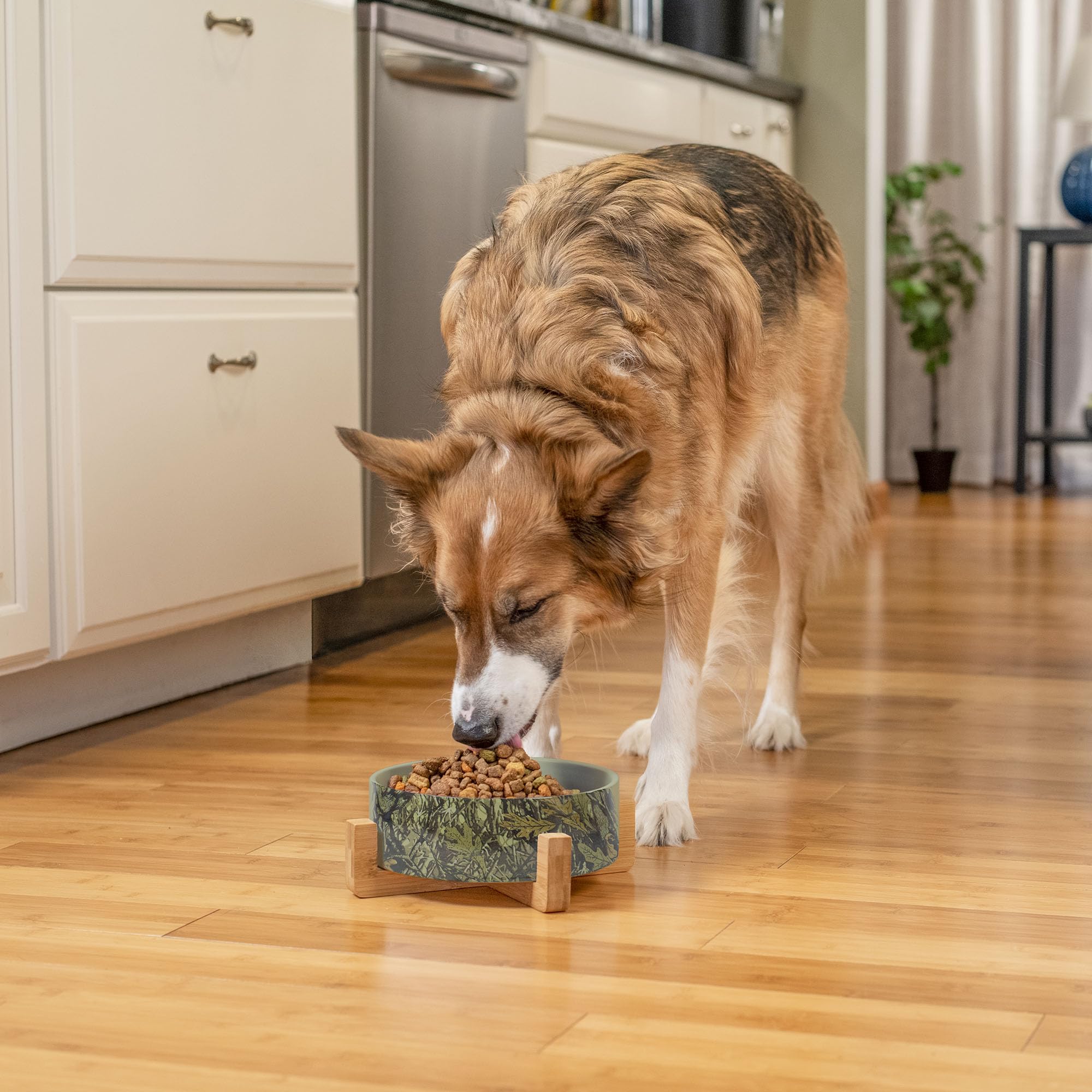 Nat & Jules Large Hunting Camo 8 Inch Stoneware Ceramic And Wood Pet Bowl With Stand