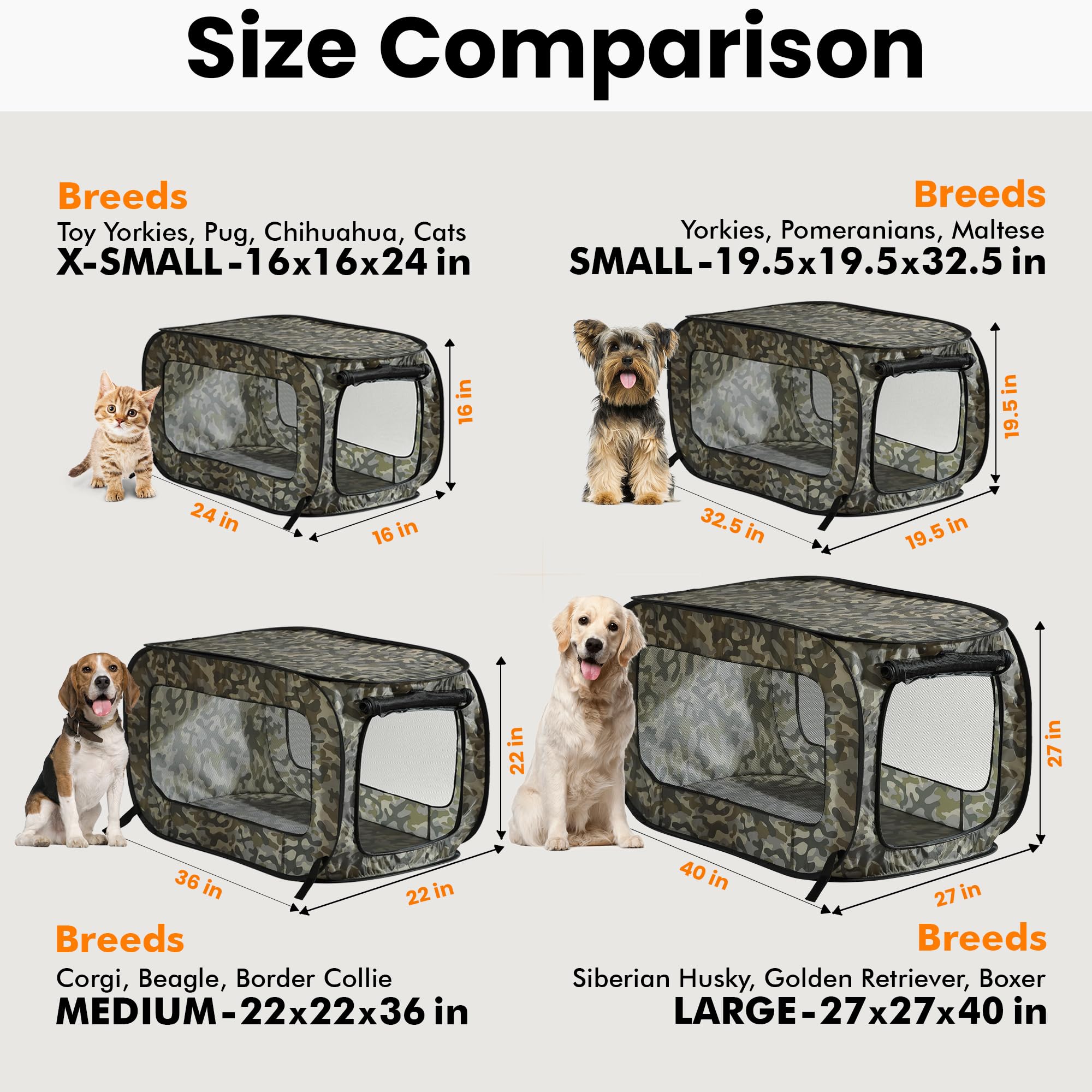 Beatrice Home Fashions Portable, Collapsible, Pop Up Kennel Travel Cat And Dog Crate, 40'' L X 27'' W X 27'' H, Camo Green