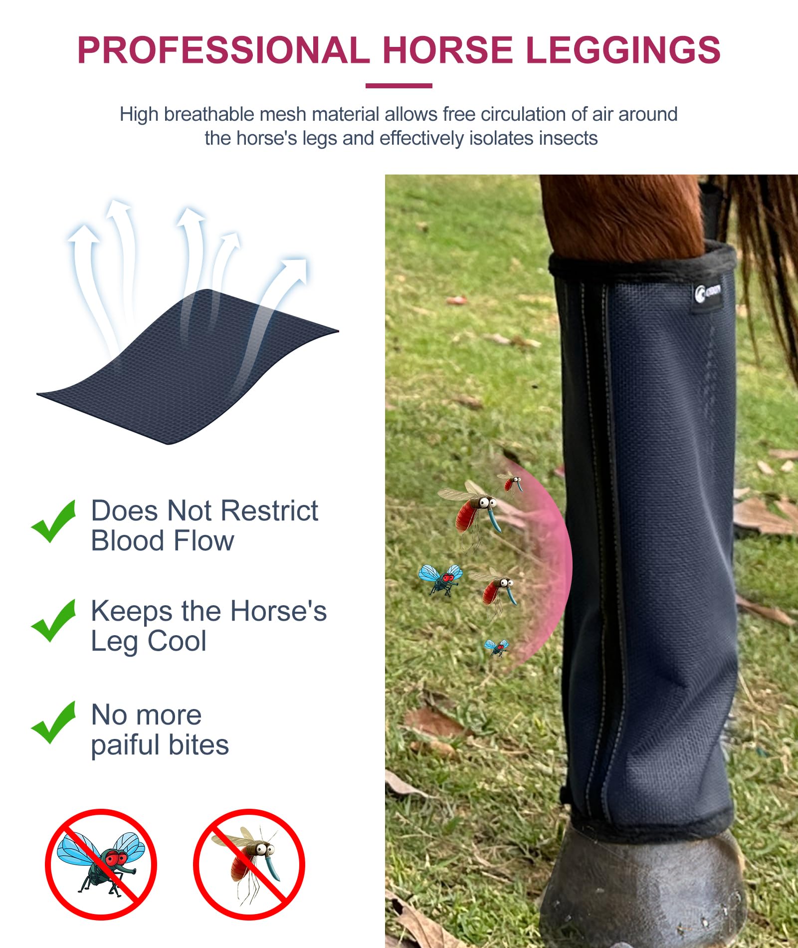 Gydoty Horse Fly Boots Set Of 4 - Upgrade Mesh Horse Leggins With Leather Frame, Leg Fly Protection (Medium, Pink)