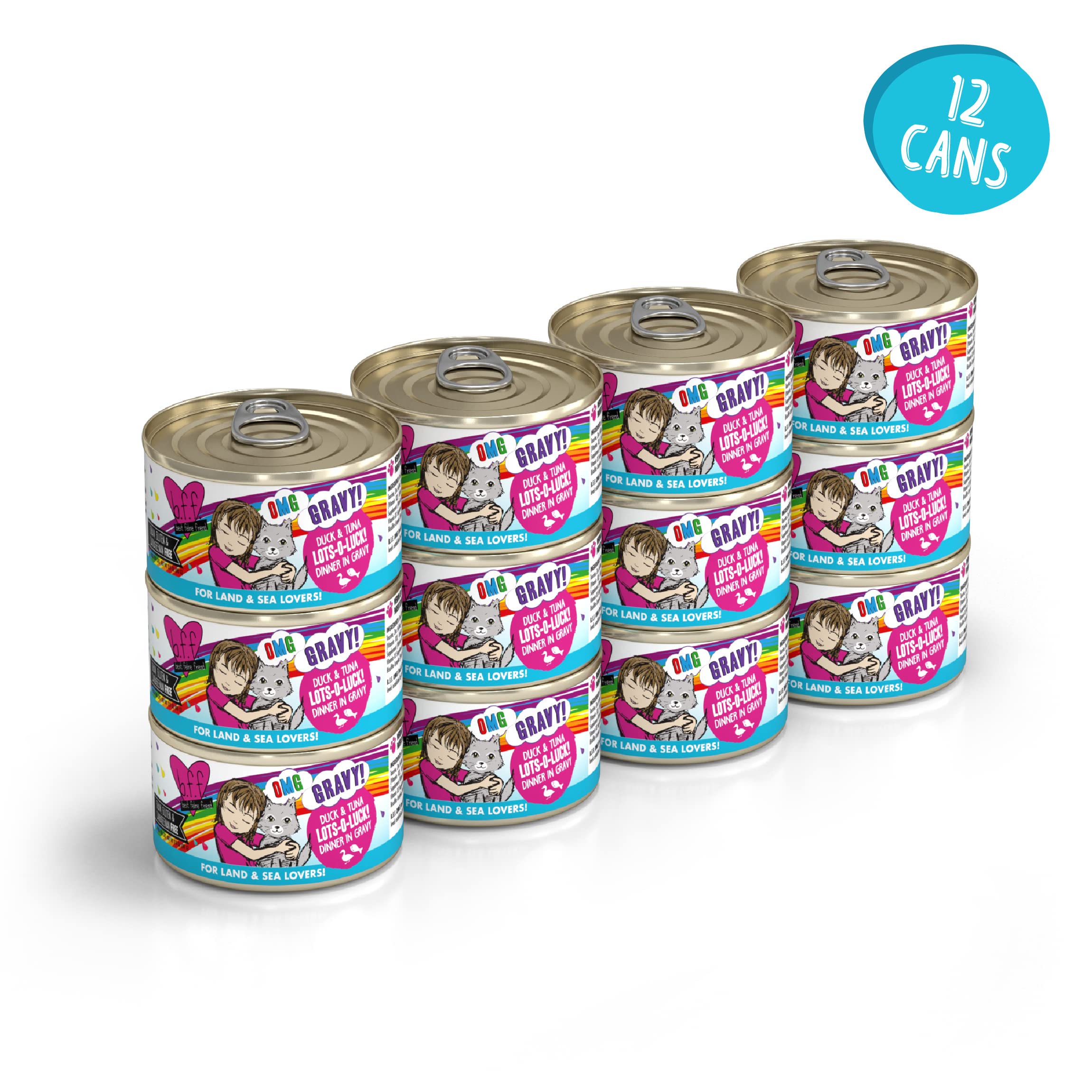 Weruva B.F.F. OMG - Best Feline Friend Oh My Gravy!, Lots-O-Luck! with Duck & Tuna in Gravy Cat Food, 2.8oz Can (Pack of 12)