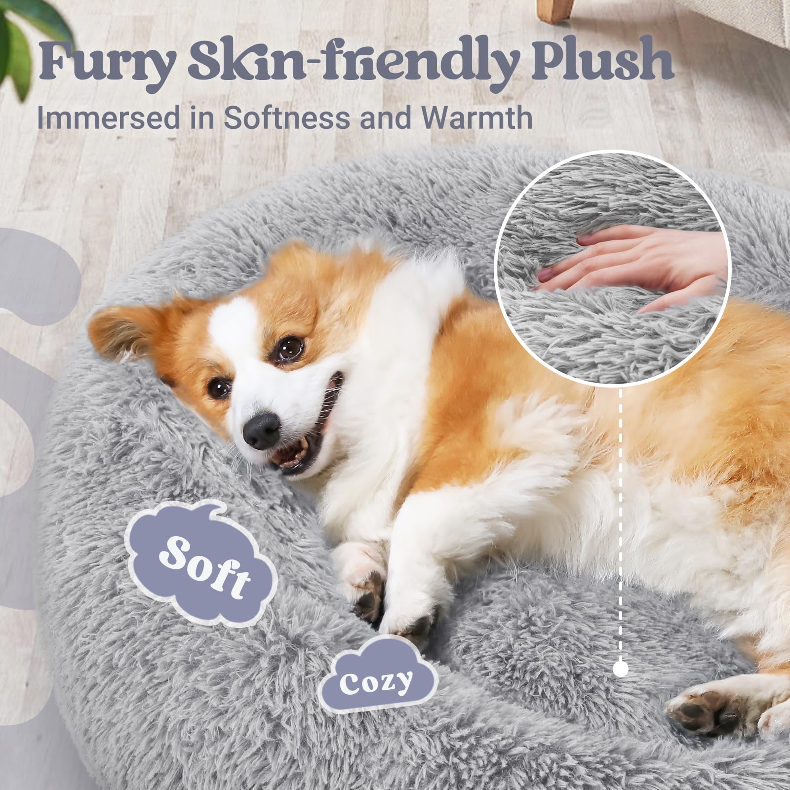 Rabbitgoo Calming Dog Bed For Small Medium, 30 Inches Pet Bed Machine Washable, Non-Slip Round Fluffy Plush Faux Fur Large Cat C