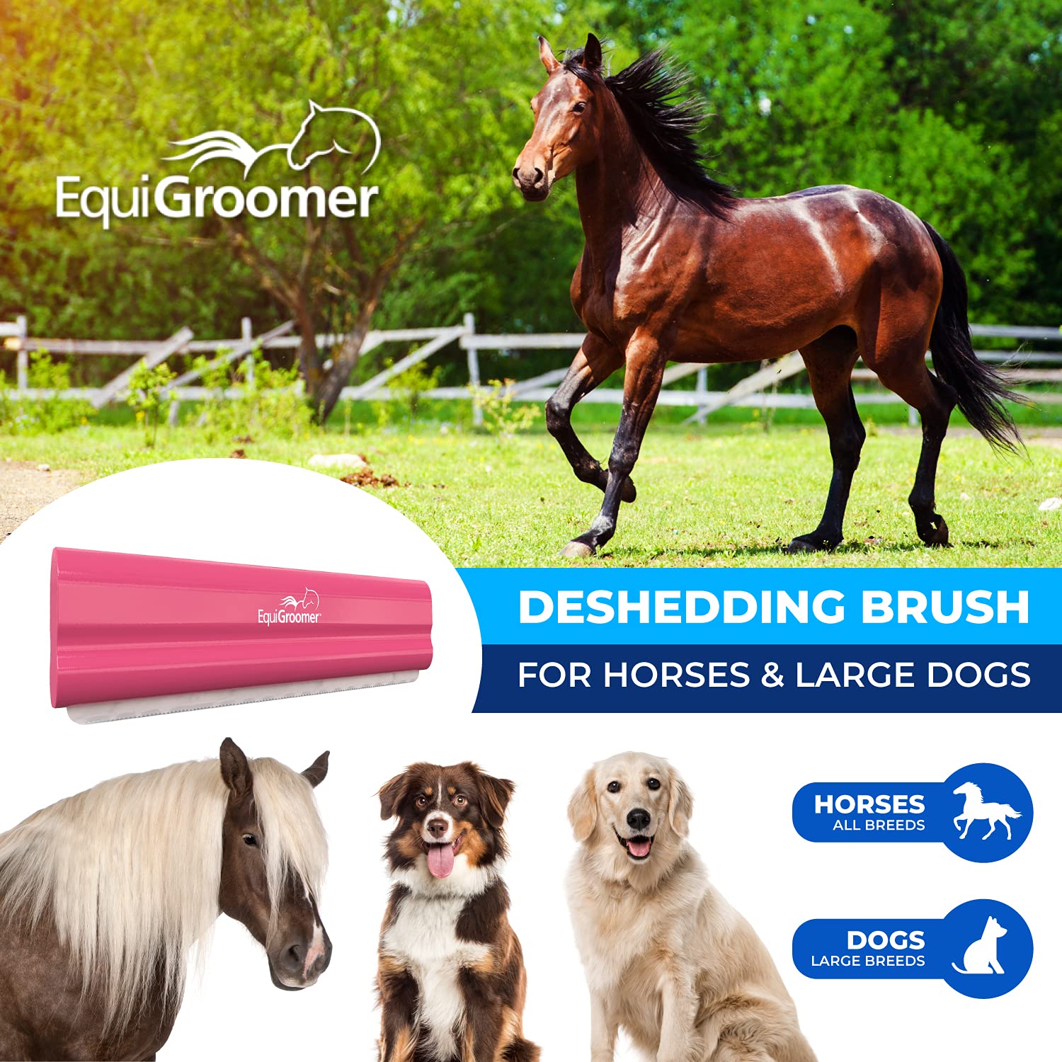 Equigroomer Deshedding 8'' Brush For Horses | Pink | Undercoat Tool For Large Pets With Short And Long Hair | Comb Removes Loose