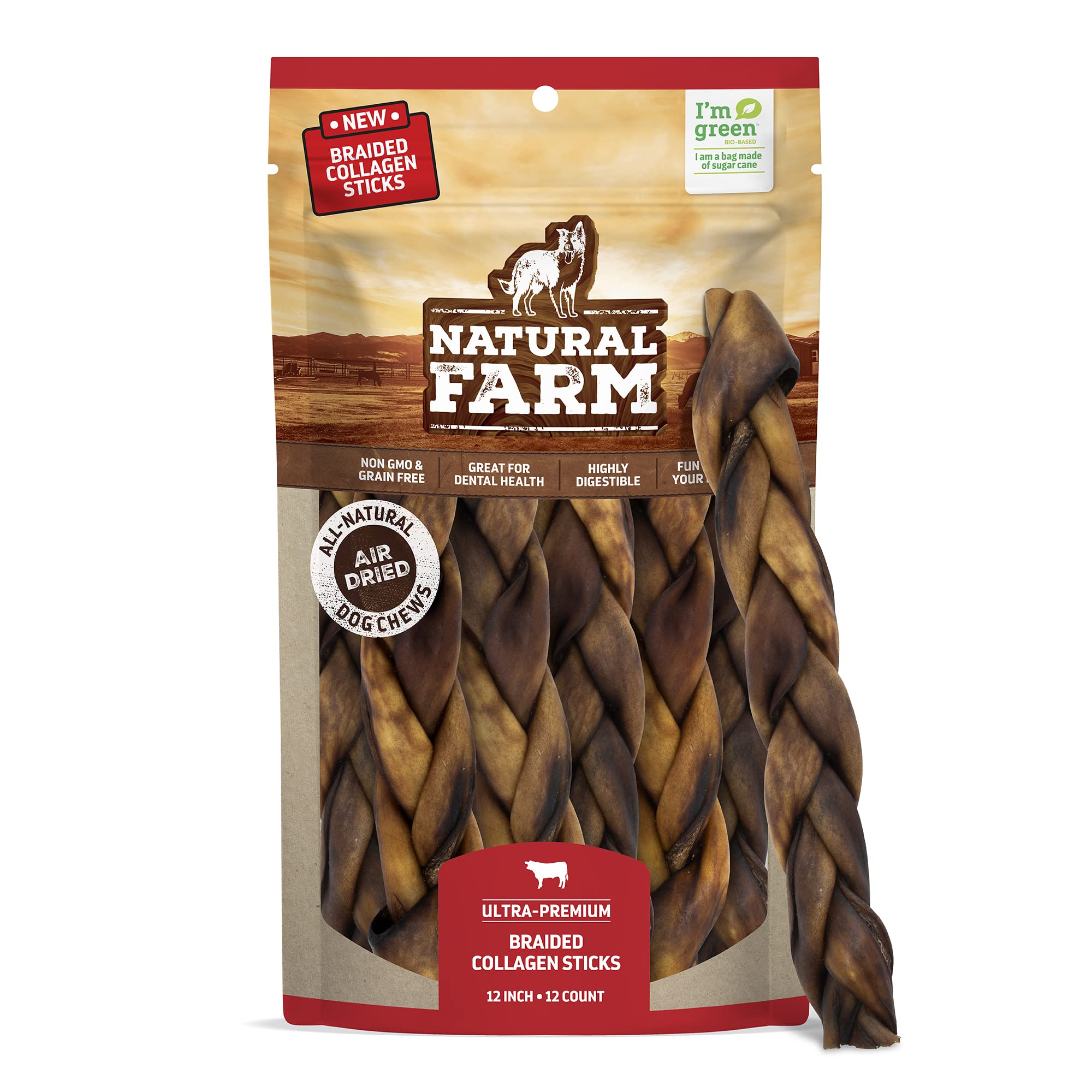 Natural Farm Odor Free Braided Collagen Chews for Dogs (12 Inch, 12 Pack), Collagen Sticks, Natural Dog Chews, Long Lasting, for