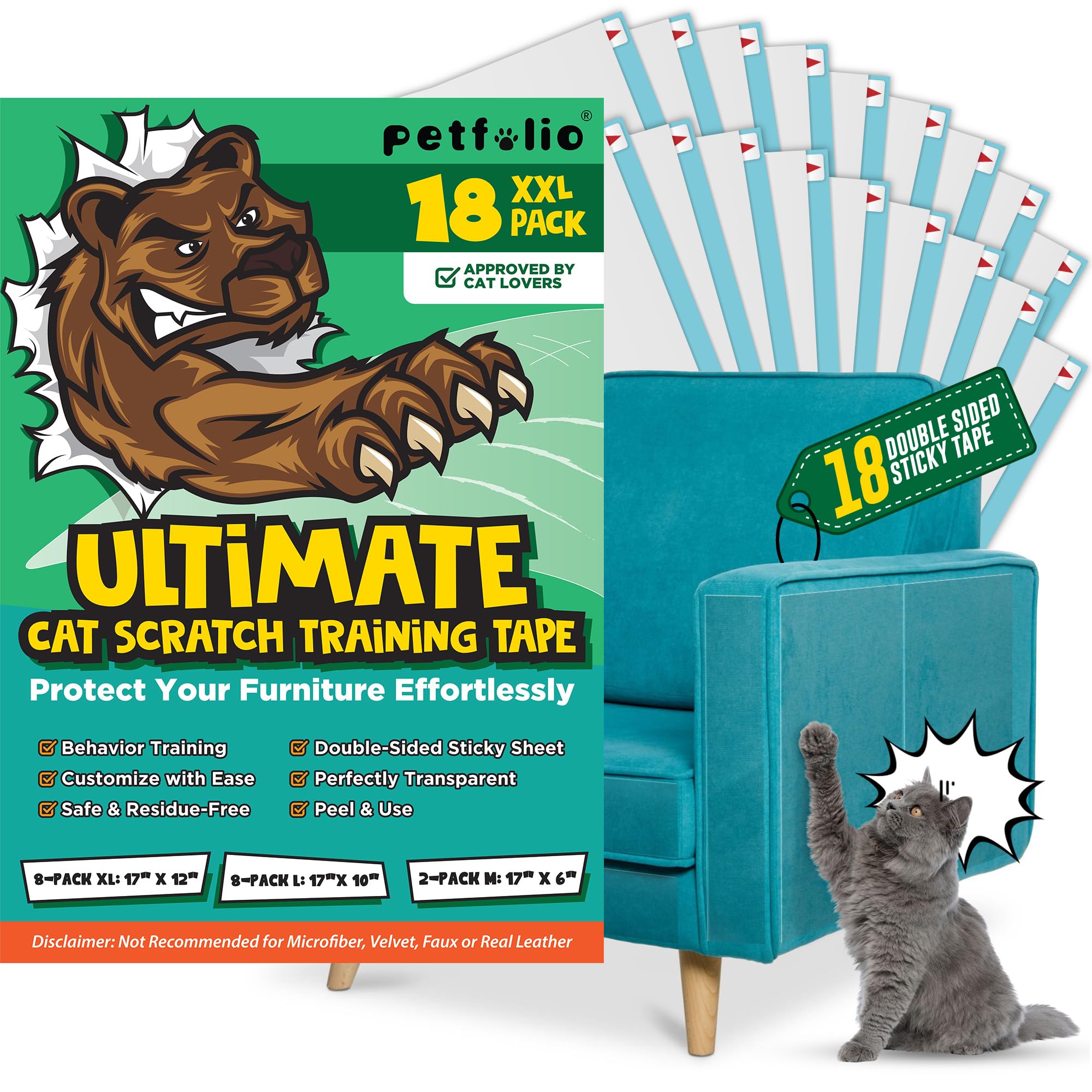 18 Pack Anti Cat Scratch Deterrent For Furniture - Transparent Clear Double Sided Anti Scratch Cat Tape For Furniture. Effective