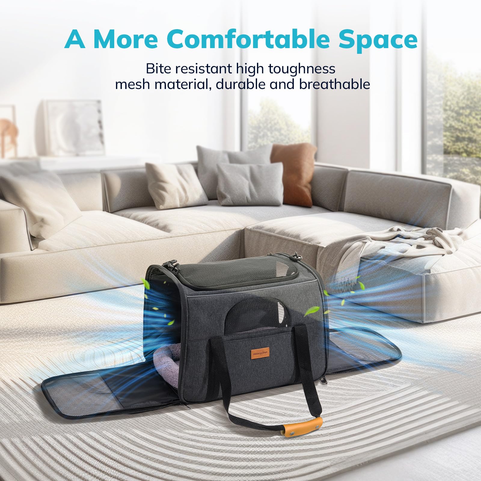 Morpilot Large Cat Carrier - Soft Sided Cat Carrier Large For Big Medium Cats And Puppy Up To 20Lbs, Pet Carrier With Safety Zippers, Foldable Bowl, Pet Travel Carrier Bag - Dark Gray Large