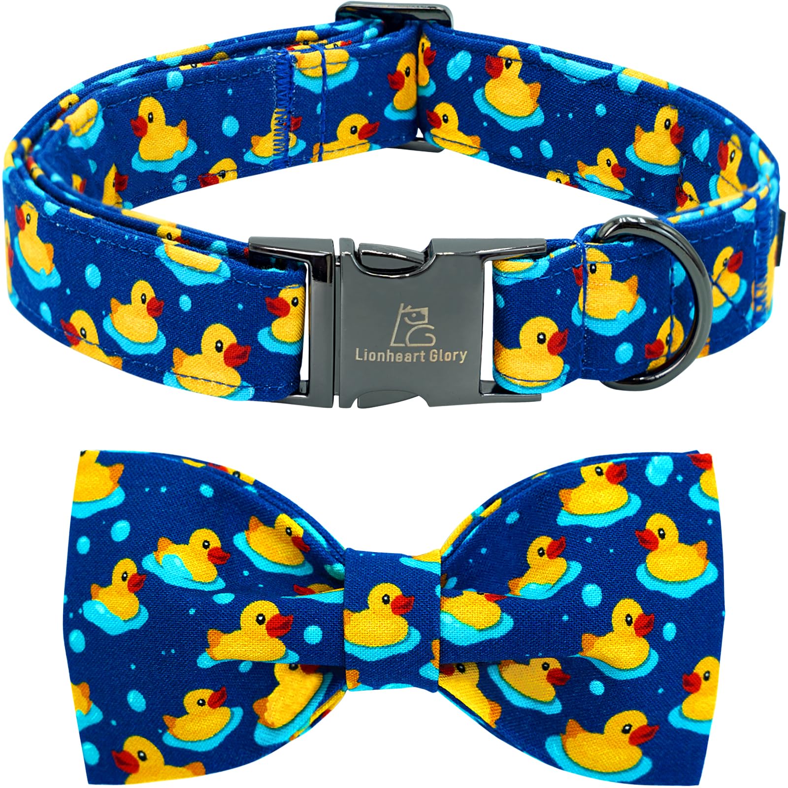 Lionheart Glory Dog Bow Collar Ducky Pattern Cute Boy Collars For X-Small Dogs,Soft Duty Adjustable Dog Collar With Bowtie Sprin