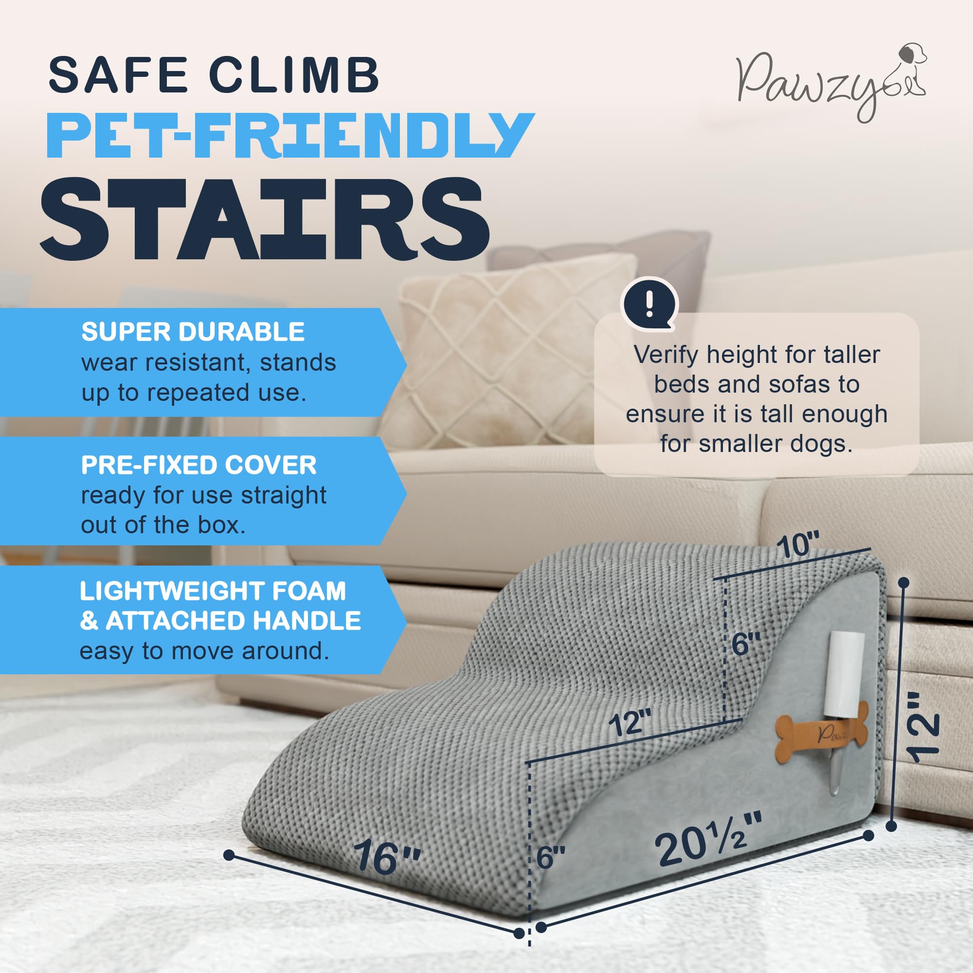 Pawzy Foam Pet Stairs For Bed, Couch Or Window Prefixed Cover - Wide Dog Steps For Bed, Waterproof, Non-Slip Base - Tier Dog Ram