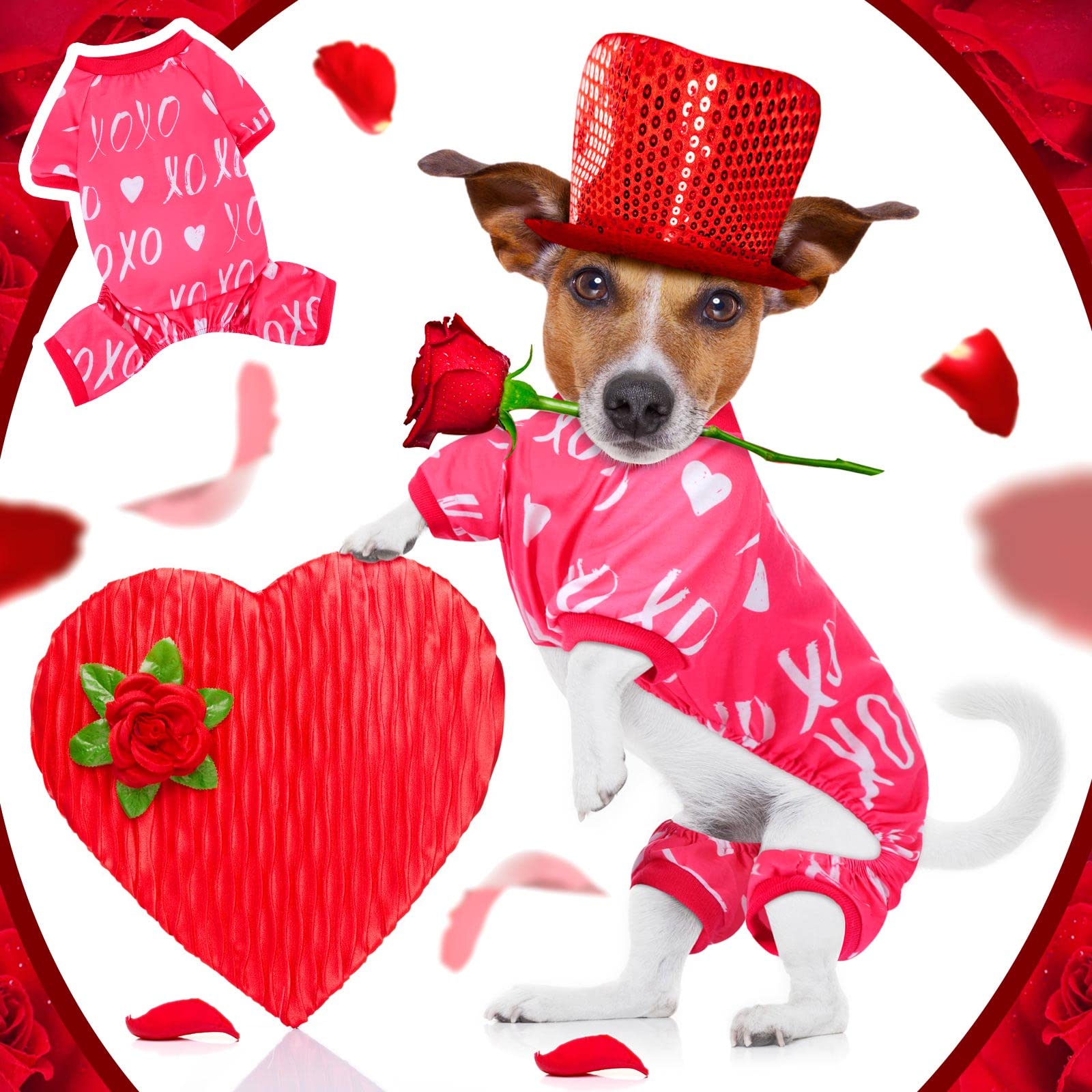 6 Pack Valentines Dog Pajamas Heart Pattern Dog Clothes Dog Costumes For Small Medium Large Puppy Dog Cat Valentines Party Cosplay (Large)