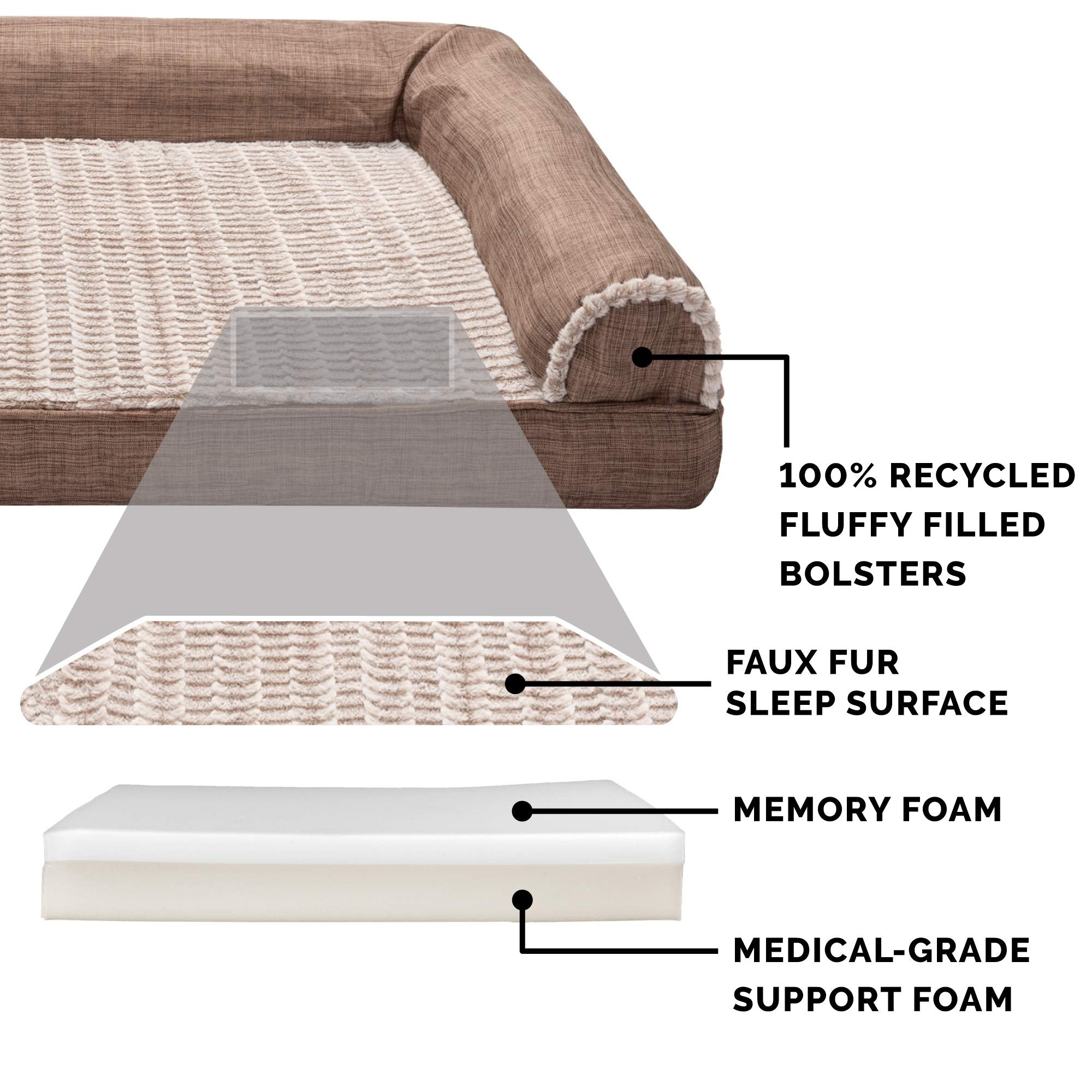 Furhaven Memory Foam Dog Bed for Large Dogs w/ Removable Bolsters & Washable Cover, For Dogs Up to 95 lbs - Luxe Faux Fur & Perf
