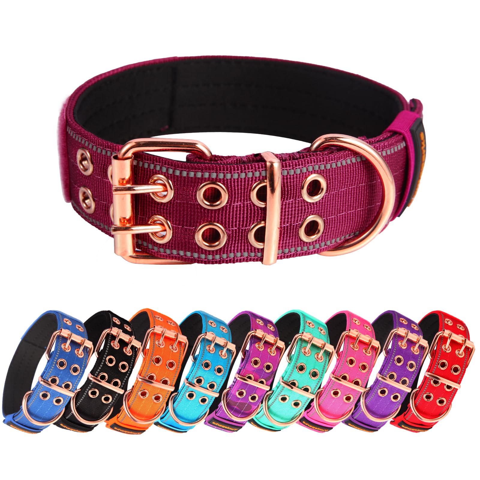 Yunleparks Heavy Duty Tactical Dog Collar With Neoprene Padded And Metal Buckle, Reflective Nylon For Medium To Large Dogs(Wine 