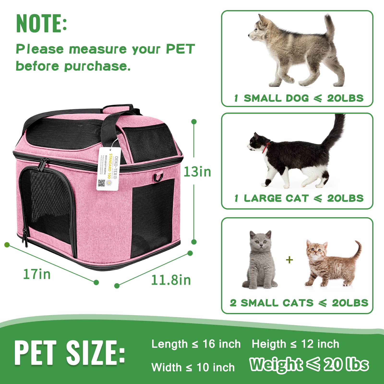 Large Cat Carrier Pet Carrier, Oeko-Tex Certified Soft Side Pet Carrier For Cat, Small Dog, Collapsible Travel Small Dog Carrier, Tsa Airline Approved Cat Carrier For Cats 20 Lb,Pink