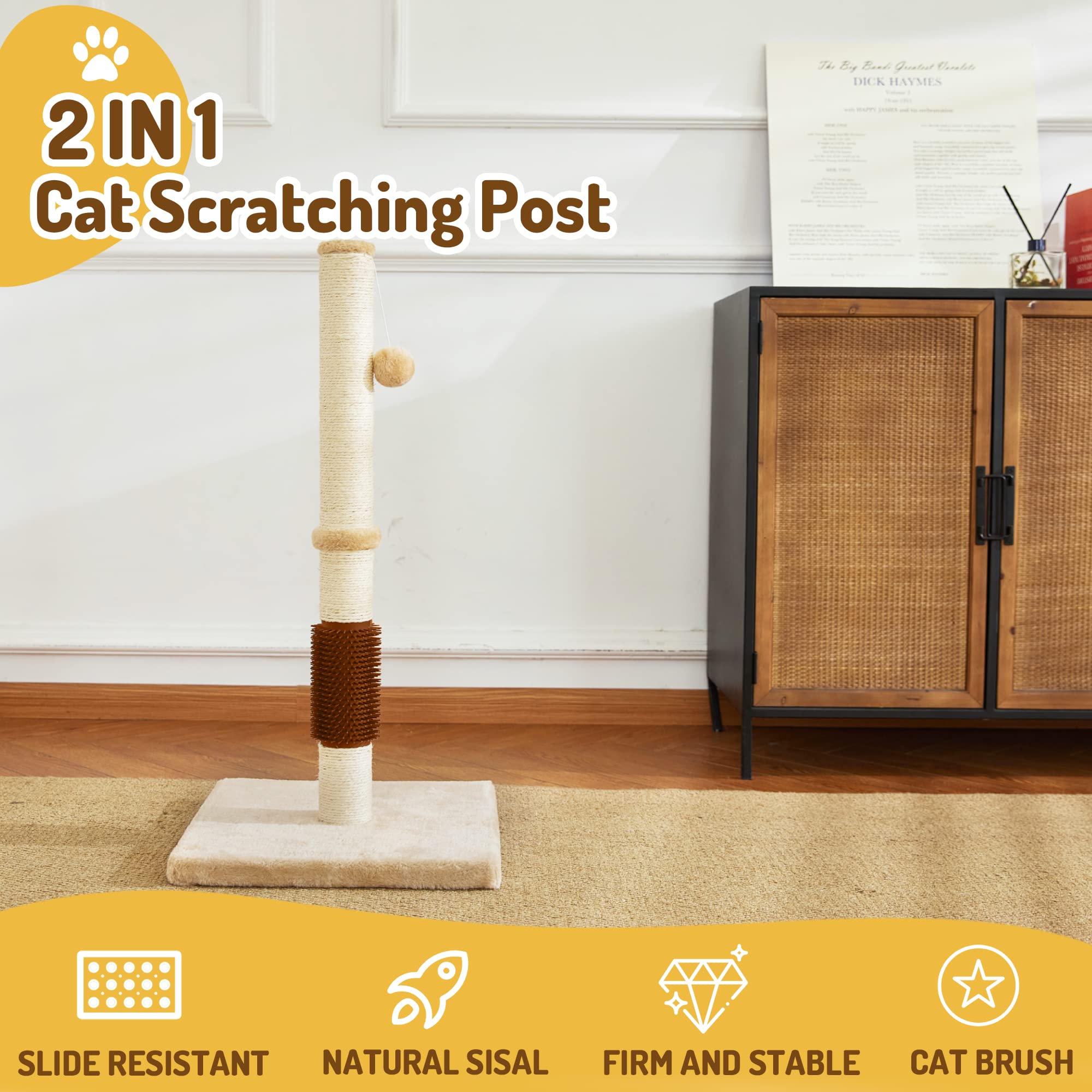Meowhomm 32'' Cat Scratching Post With Self Groomer Cat Brush, Sisal Rope Tall Cat Scratching Post With Soft Hanging Ball For In