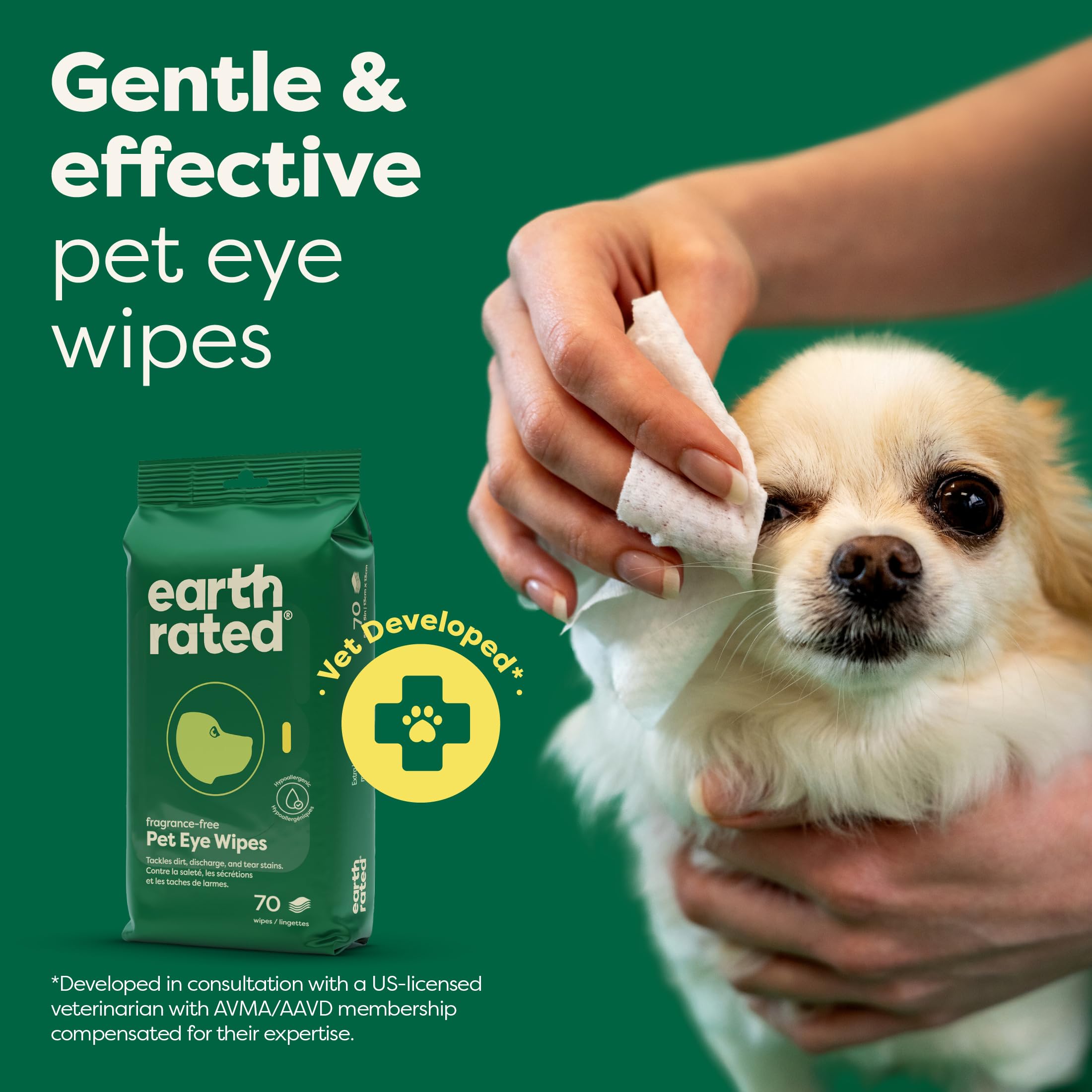 Earth Rated Vet-Developed Pet Eye Wipes, Hypoallergenic Cleaner For Dogs & Cats Eyes To Remove Dirt & Discharge, Fragrance Free,