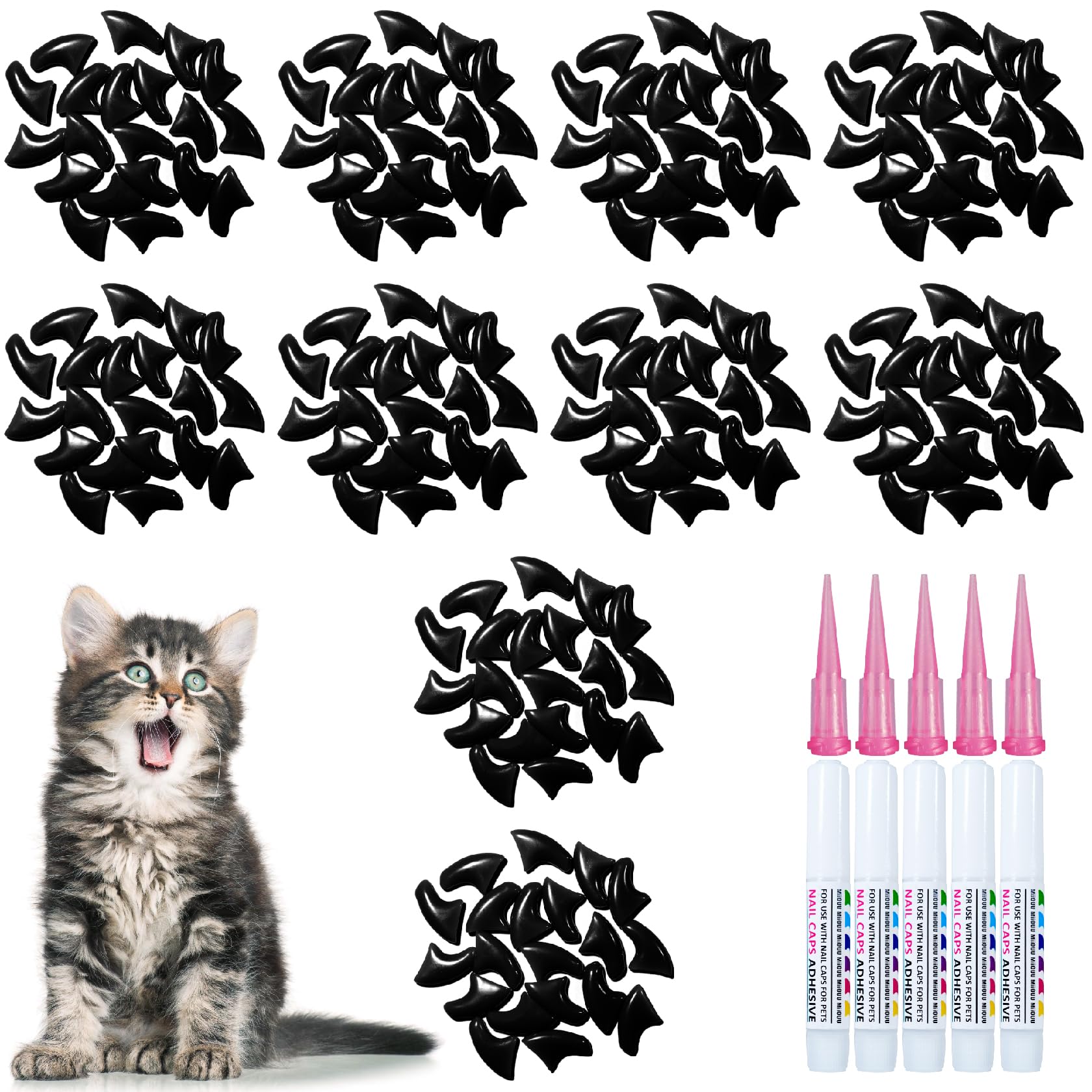 Miiouu 100 Pcs Cat Nail Caps | Cat Claw Covers With Adhesives And Applicators | Black (M)
