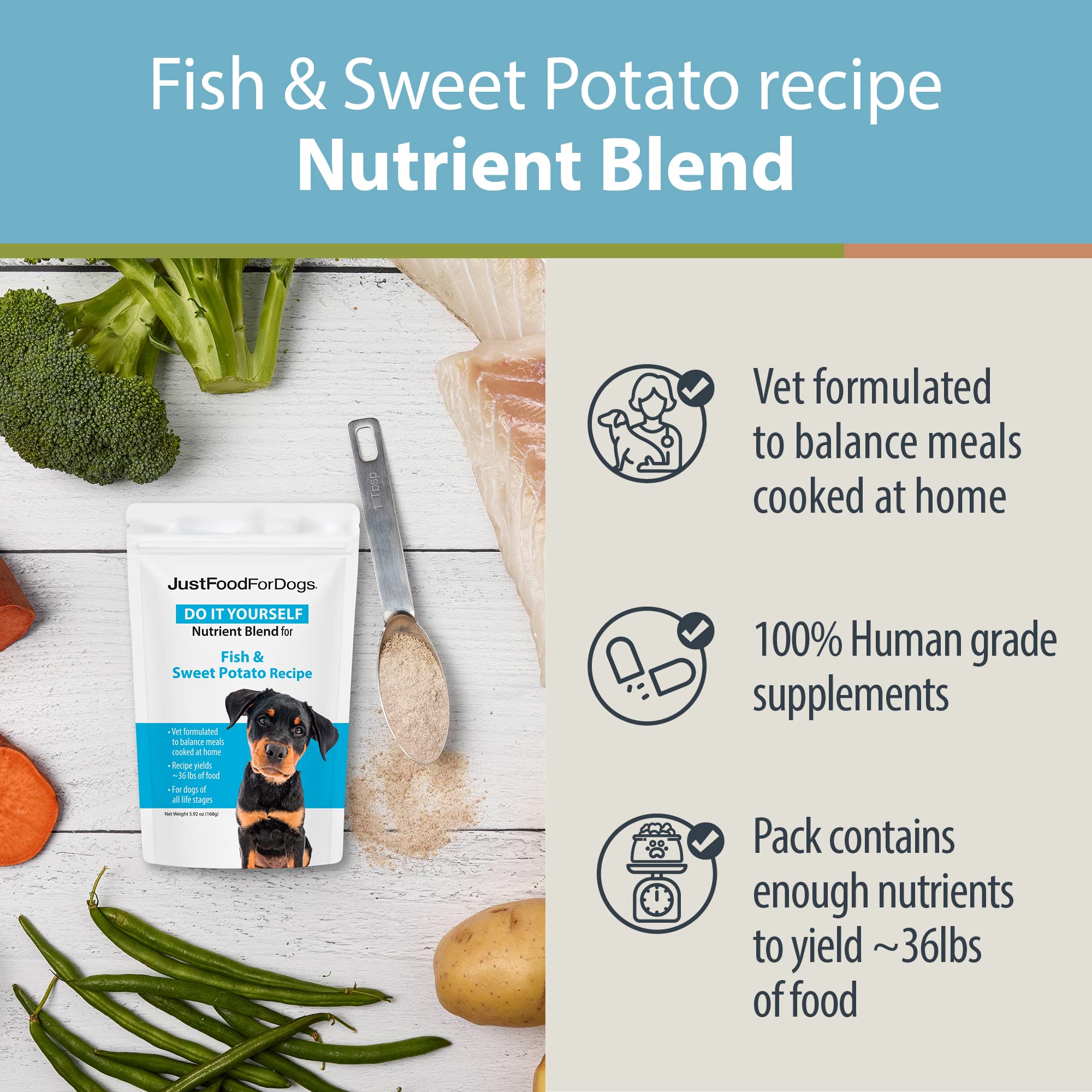 JustFoodForDogs DIY Nutrient Blend for Homemade Dog Food, Fish & Sweet Potato Recipe, 5.92oz