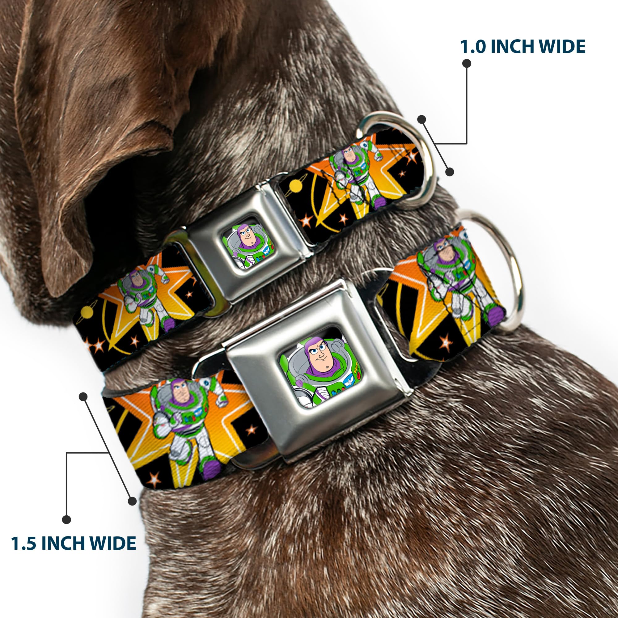 Dog Collar Seatbelt Buckle Toy Story Buzz Lightyear Running Stars Black Orange Yellow 18 To 32 Inches 1.5 Inch Wide