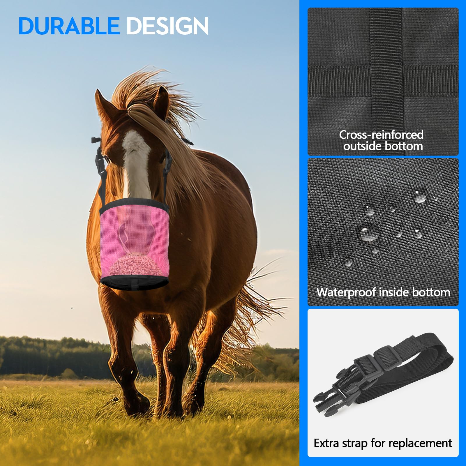 WARMWOW Horse Feed Bag Pack of 2, Feed Bags for Horses with Ventilation Mesh, Comfort Nose Pad Neck Pad, Adjustable Strap, Spill