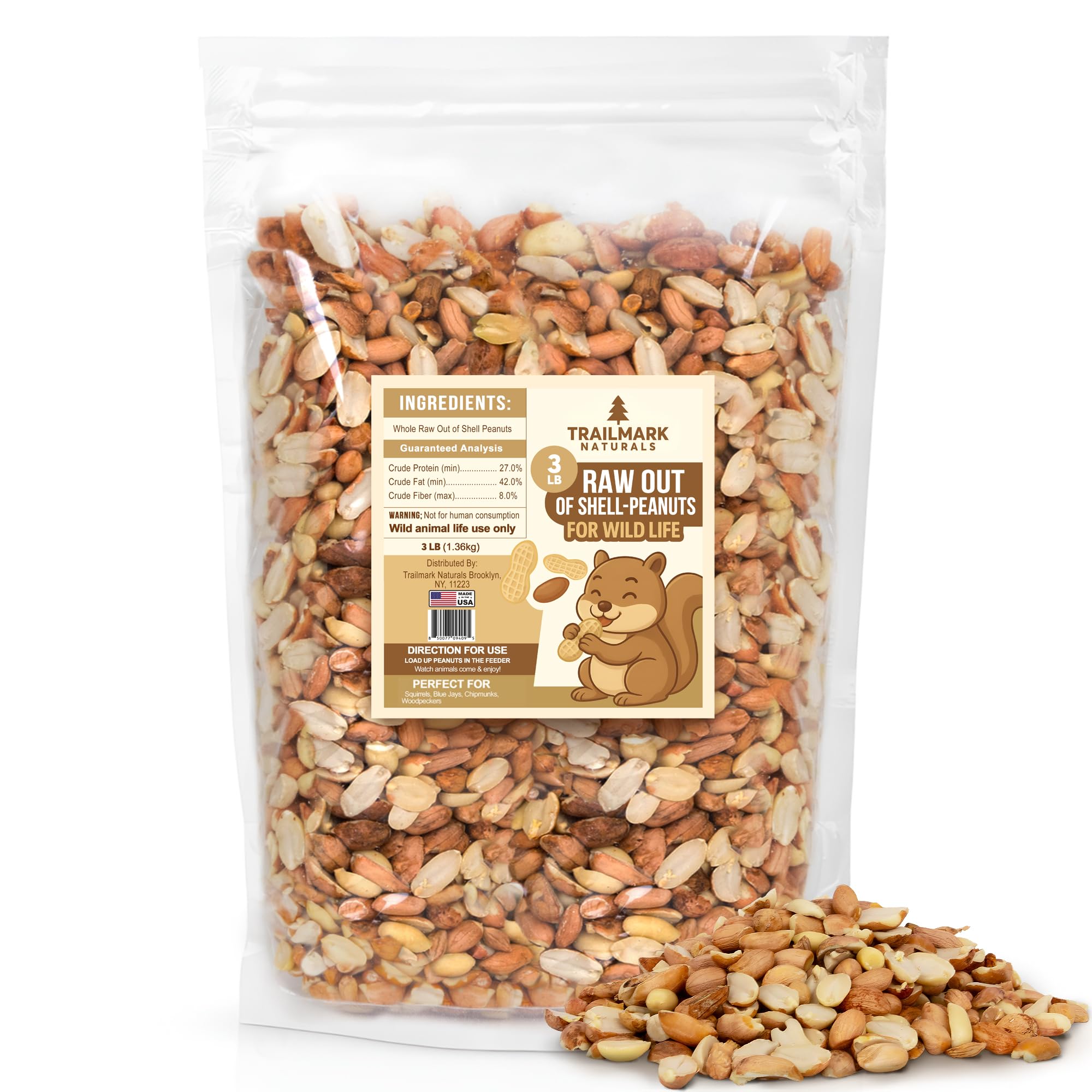 Trailmark Naturals - 3 LB - Raw Shelled Peanuts For Squirrels, Out of Shell Peanuts For Birds and Wildlife- Squirrel Food, Wild 