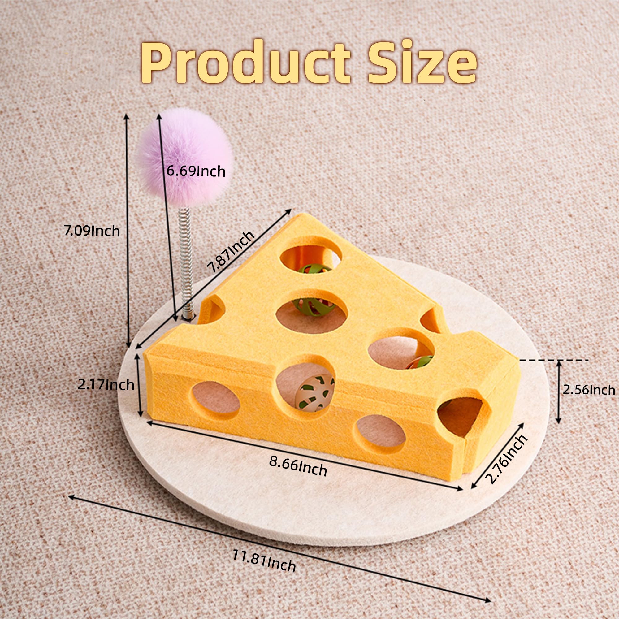 BZDBZD Interactive Cat Puzzle Feeder - Felt Cheese Cat Scratch Box-Nail File Maze, Jingle Balls & Spring Teaser | Slow Feeding &