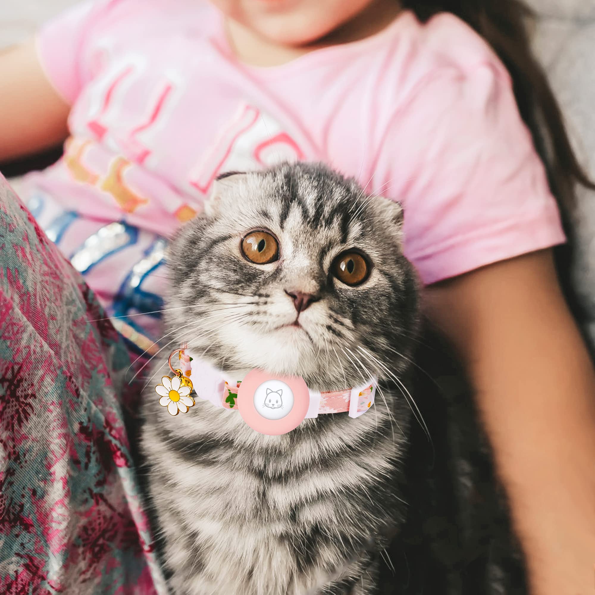 Airtag Cat Collar, Jxfukal Kitten Collar Breakaway With Silicone Airtag Holder, Bells & Flower Charm For Girl Cats Boy Cats Small Dogs(Pink)
