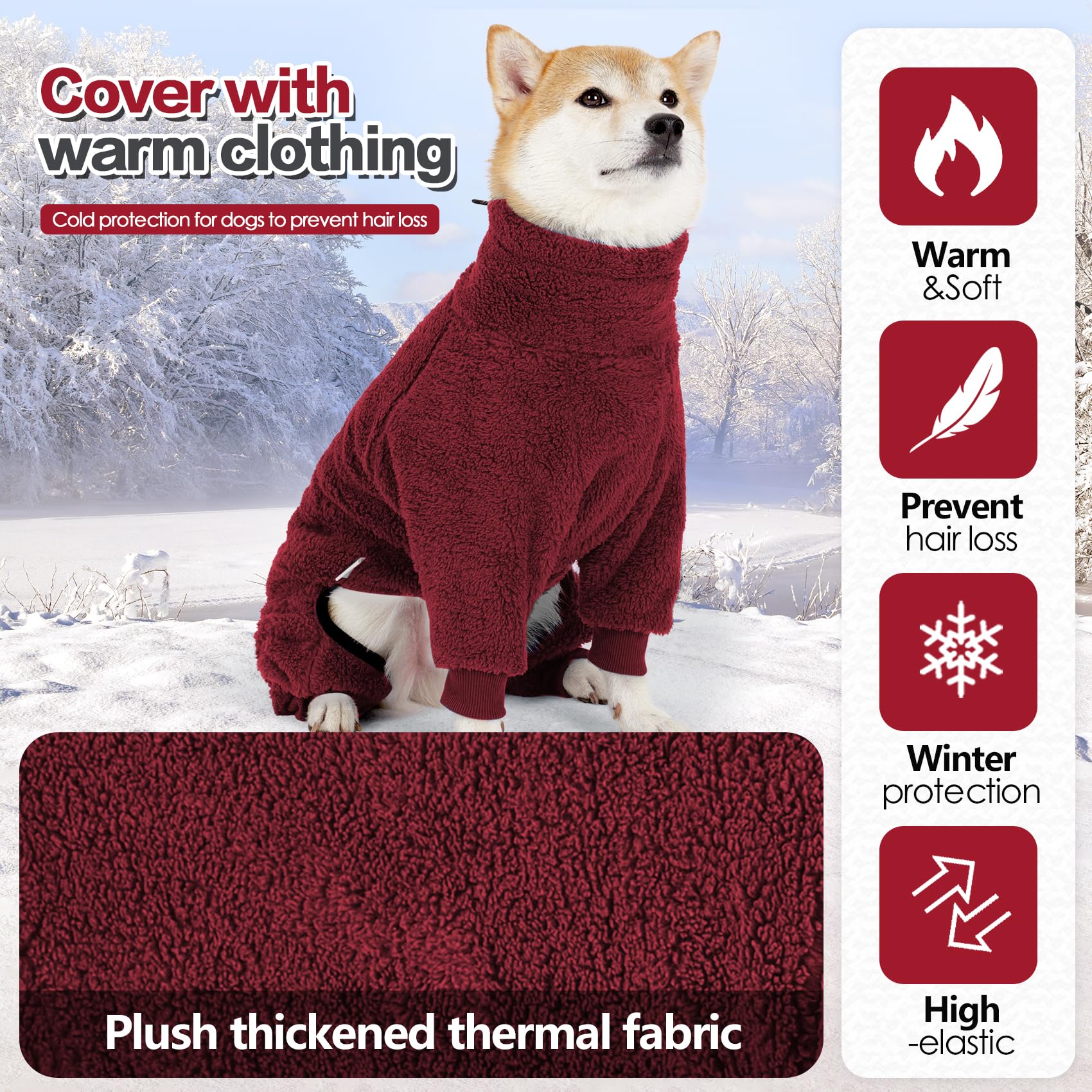 Pinellia Dog Winter Coat: Warm Fleece Pullover Jumpsuit, Windproof, Full Body Pajamas Onesie - Medium/Large (Red)