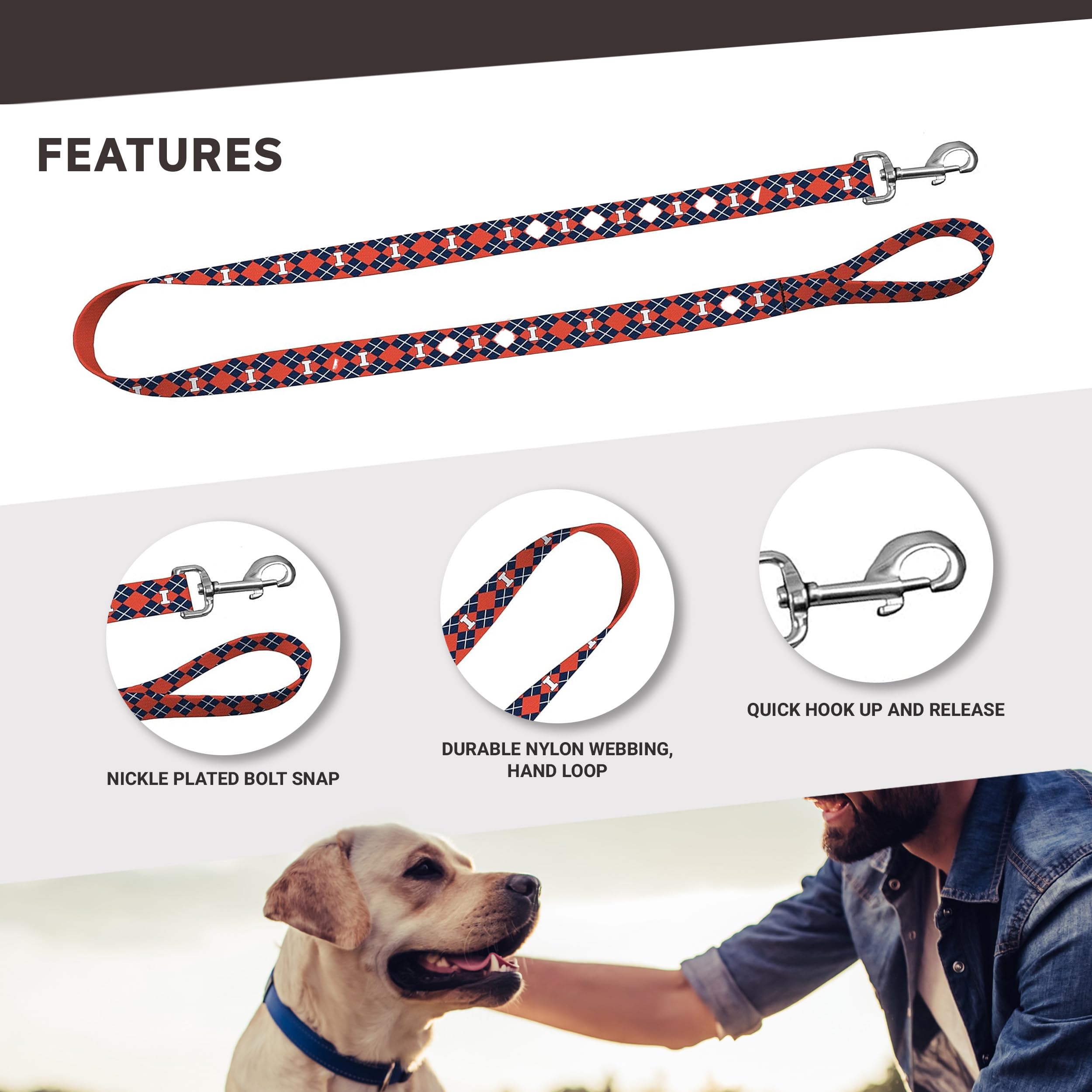 Moose Pet Wear Dog Leash – University Of Illinois Fighting Illini Pet Leash, 1 Inch Wide X 6 Feet Long, Argyle
