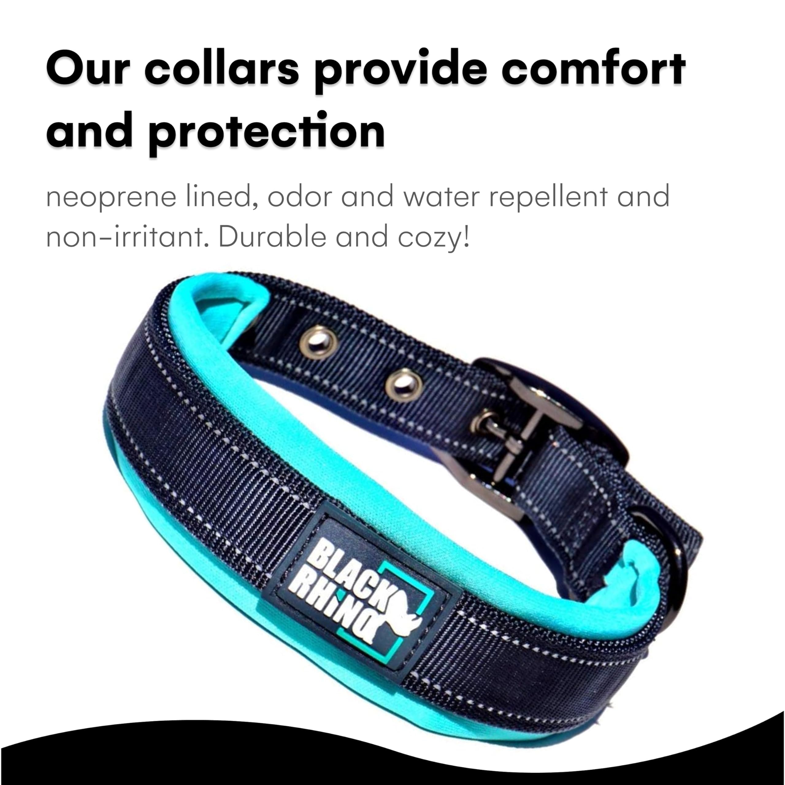 Black Rhino - The Comfort Collar Ultra Soft Neoprene Padded Dog Collar For All Breeds - Heavy Duty Adjustable Reflective Weatherproof (Medium, Aqua/Grey)