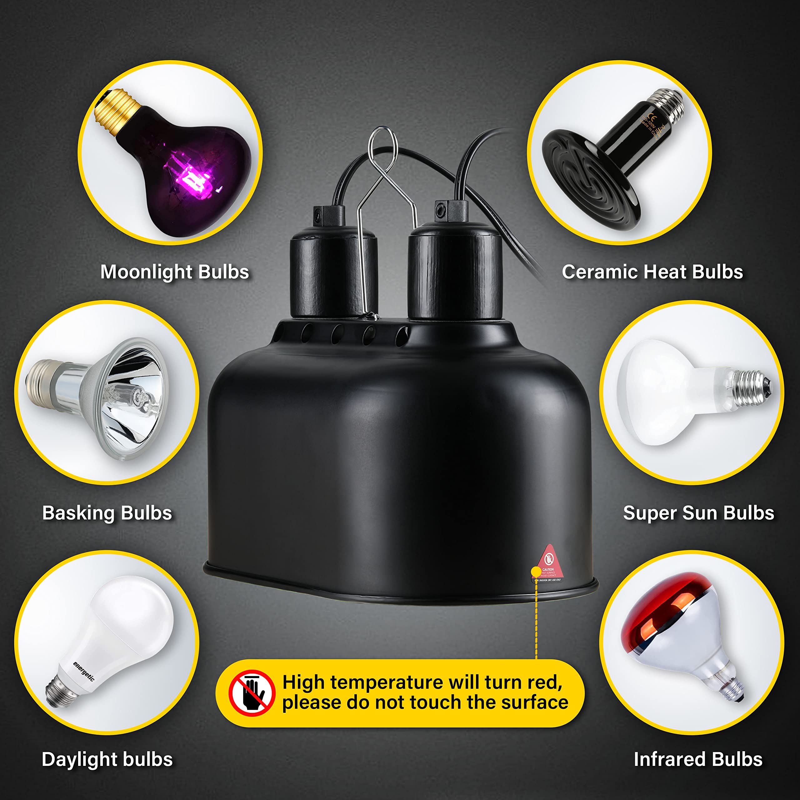 Simple Deluxe Dual Reptile Light Fixture, Aluminum Reflector Dome Lamp Cap, Combo Heat-Lighting Lamp Double Sockets Bulbs Holder