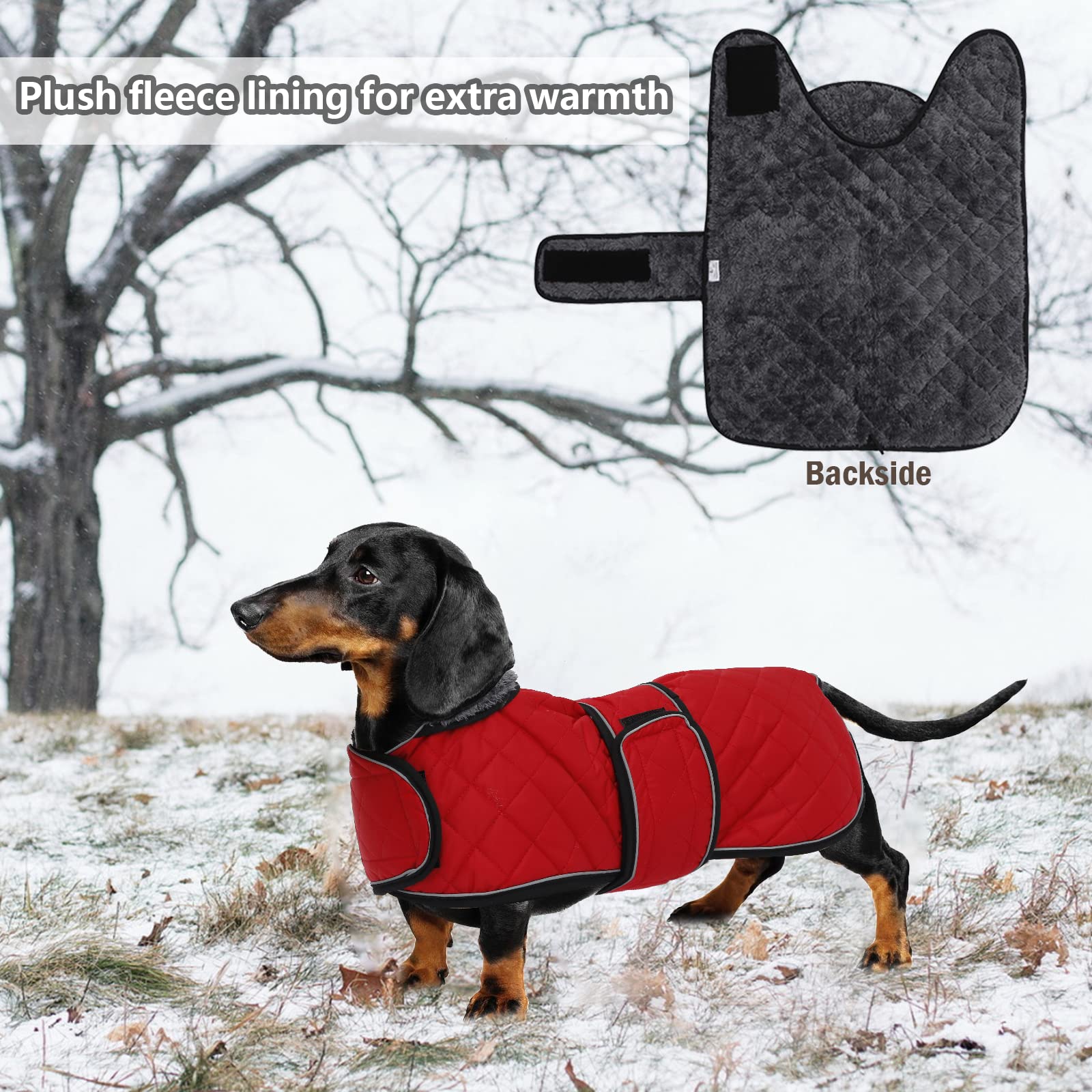 Warm Thermal Quilted Dachshund Coat, Dog Winter Coat With Warm Fleece Lining, Outdoor Dog Apparel With Adjustable Bands For Medium, Large Dog-Red-L