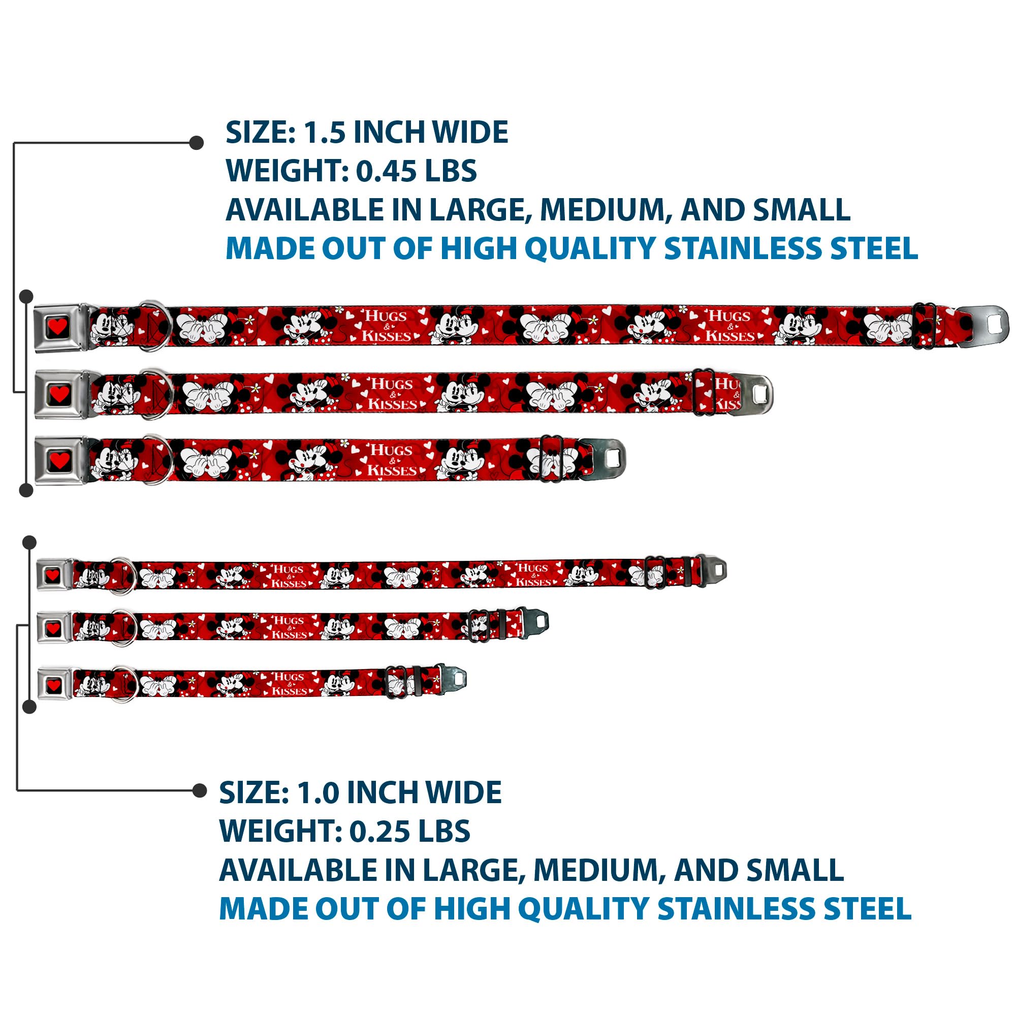 Buckle-Down Dog Collar Seatbelt Buckle Mickey Minnie Hugs Kisses Poses Reds White, Multicolor, 1.5' Wide - Fits 18-32' Neck -