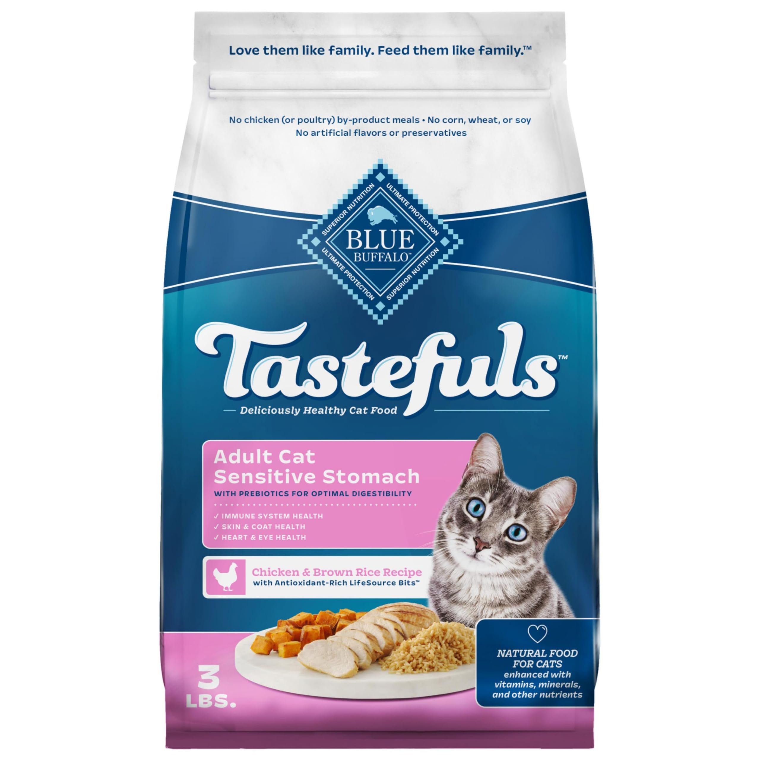 Blue Buffalo Tastefuls Natural Dry Food for Adult Cats, Sensitive Stomach, Chicken & Brown Rice Recipe, 3-lb. Bag