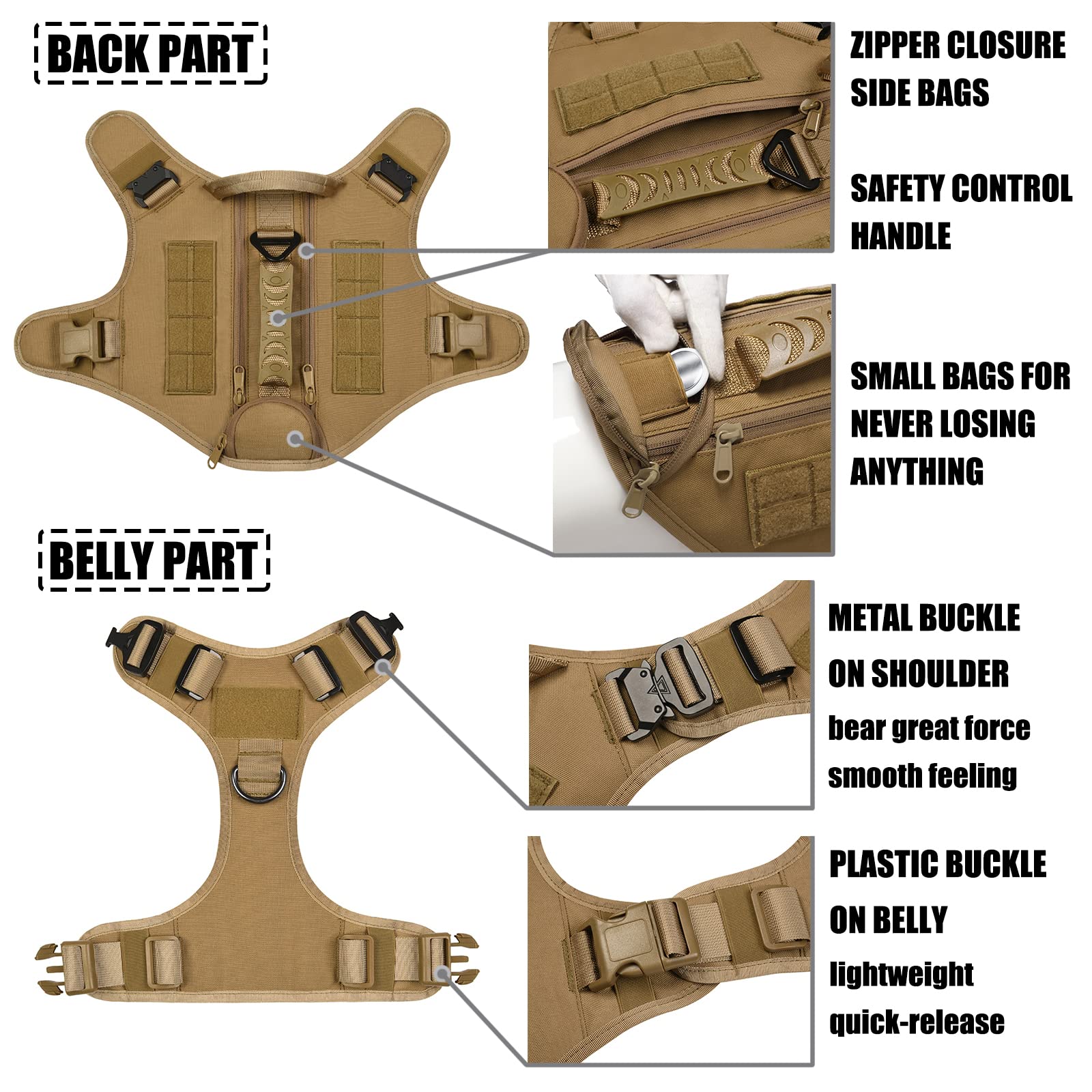 Tactical Dog Harness For Medium And Large Dogs No Pull Adjustable Dog Vest For Training Hunting Walking Military Dog Harness With Handle Service Dog Vest With Molle & Loop Panels Khaki,L(Vest Only)