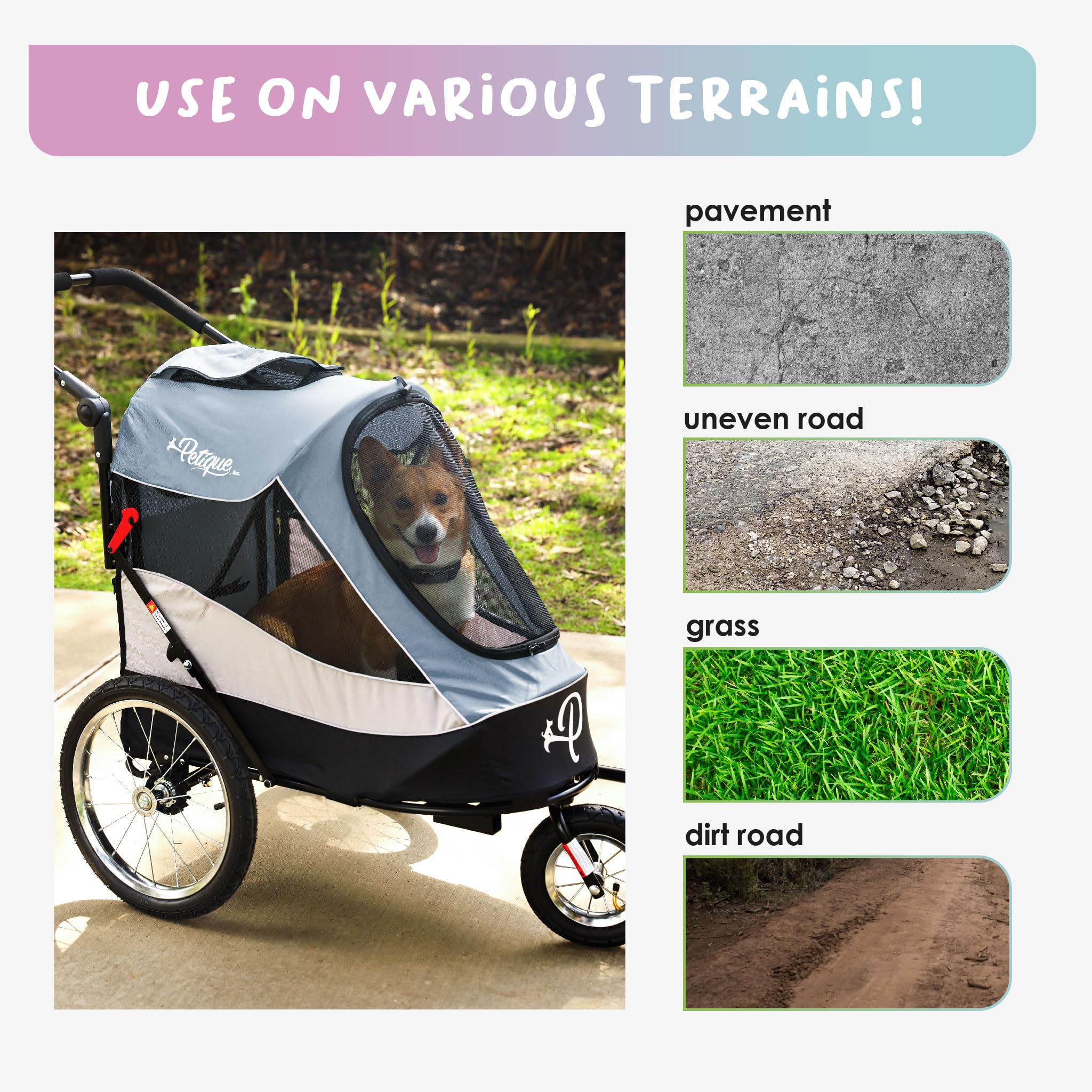 Petique Trailblazer Jogger, Dog Cart for Medium Size Pets, Ventilated Pet Stroller for Cats & Dogs, Gray