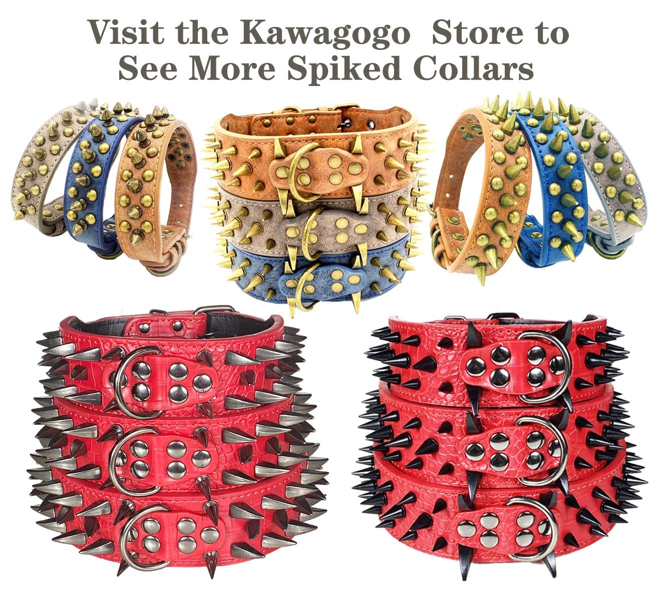 Kawagogo Spiked Studded Dog Collar With Large Sharp Spikes,2 Inch Wide Red Leather Dog Collar,Anti-Bite,Fit Large Medium Dogs,Pi