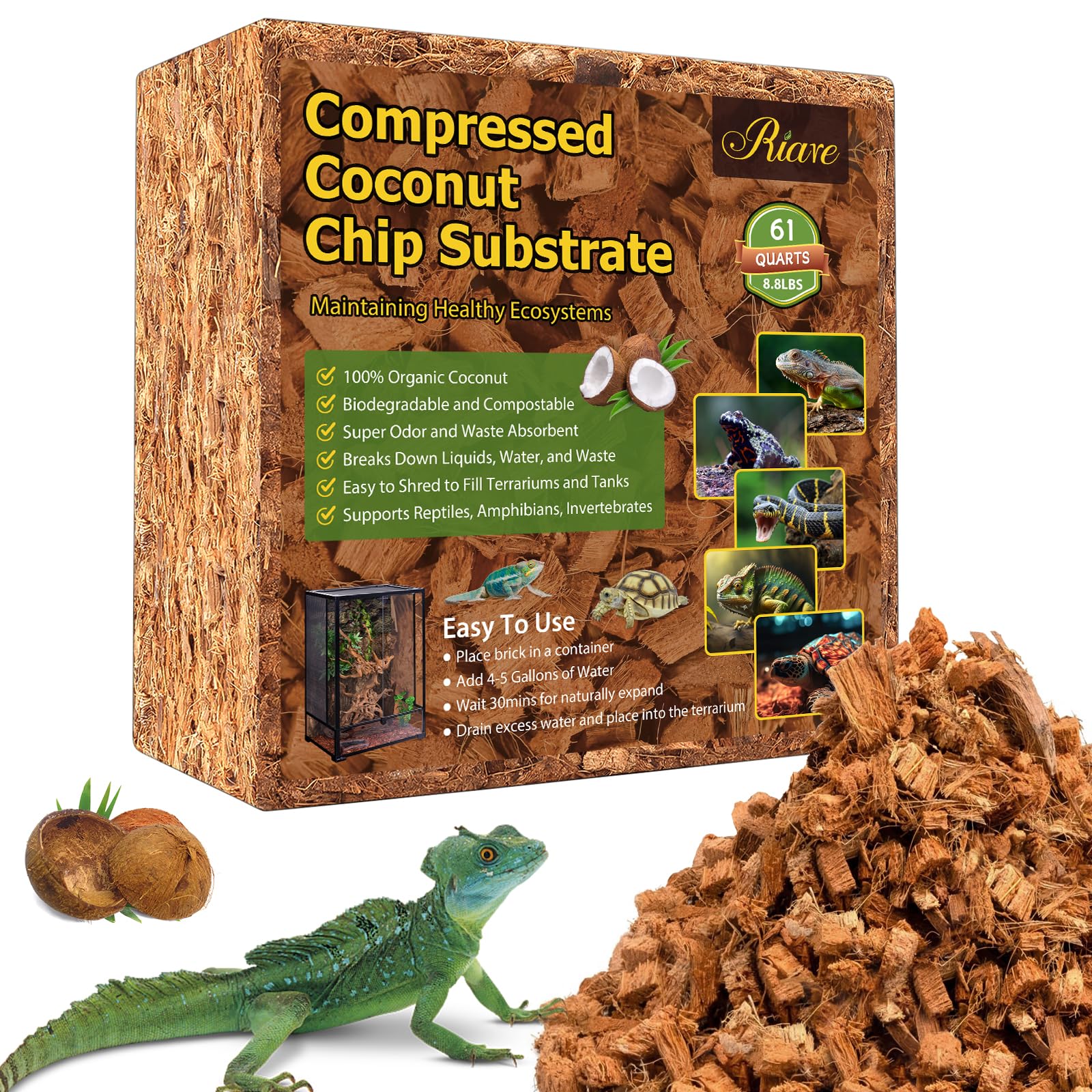 Riare 8.8Lb Coconut Chip Substrate For Reptiles, 60 Quart Coconut Fiber Substrate Coco Chips Substrate Coconut Husk Bedding For 