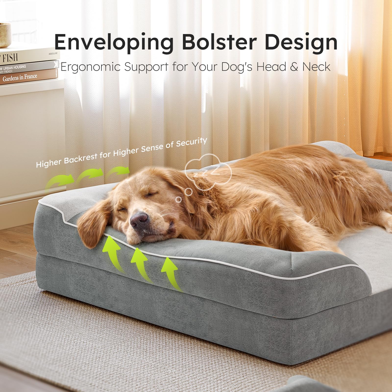 CWAWZ Jumbo Orthopedic Dog Bed - Cooling Gel Memory Foam, Waterproof Cover, Light Grey, 45" Sofa Couch, Includes Blanket & Toy